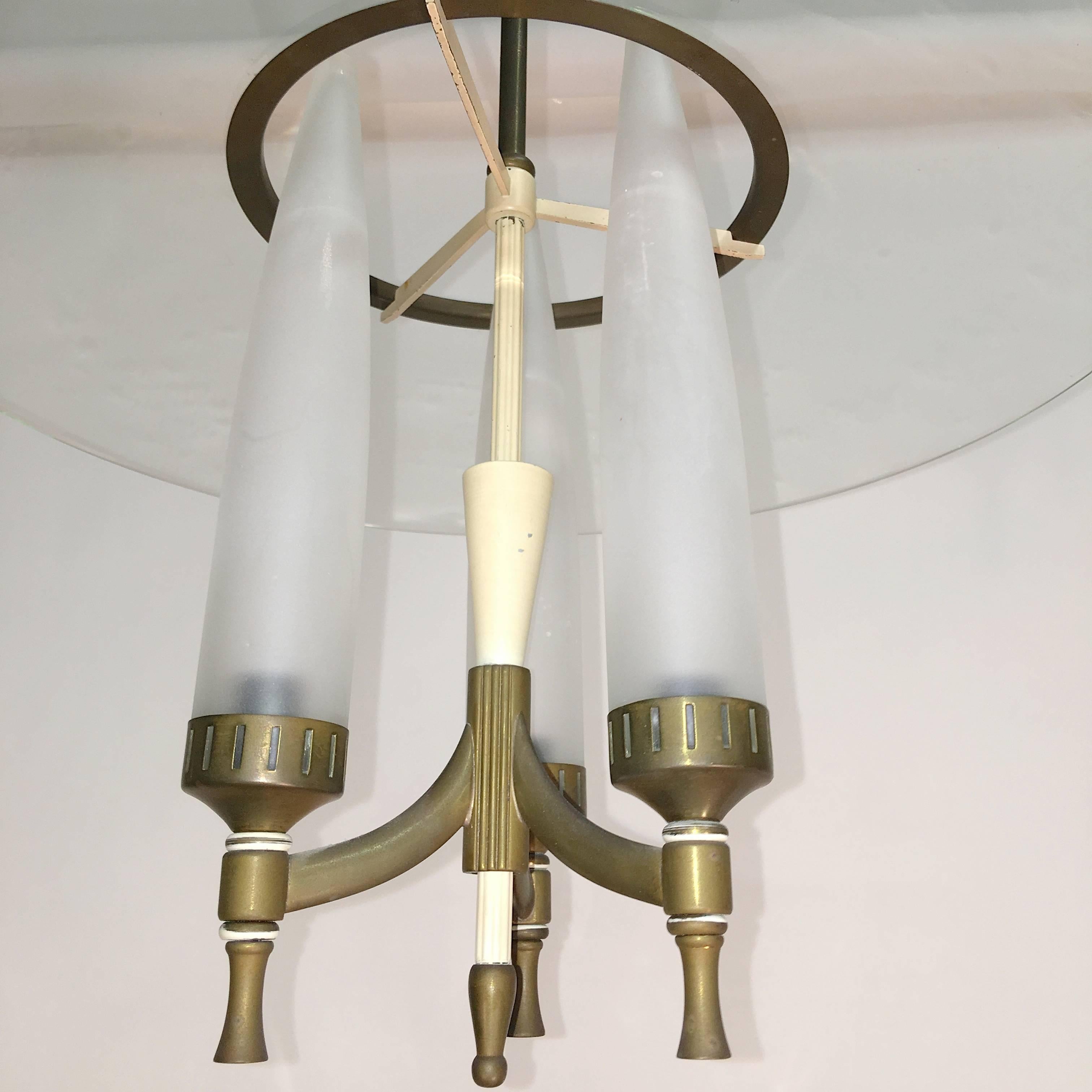 Brass 1940s Italian Curved Glass Pendant in the Manner of Fontana Arte For Sale