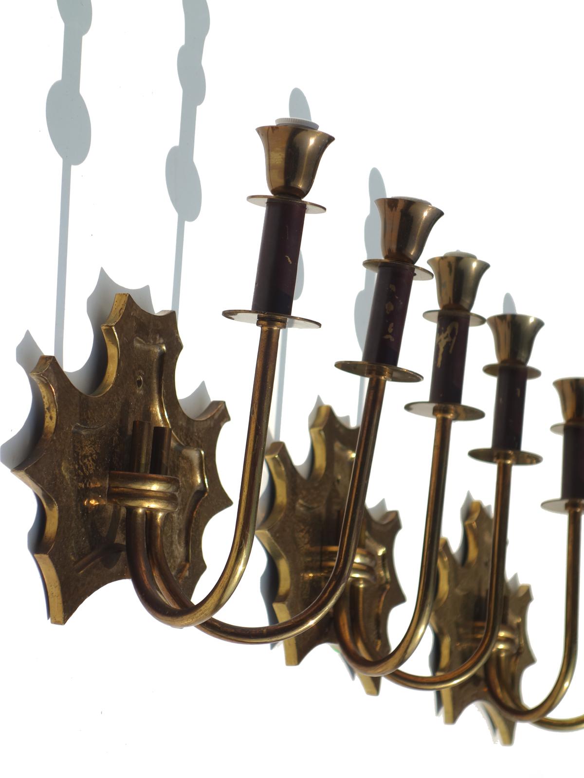 1940s Italian Design Bronze Wall Lamp Sconce, Set of 3 In Excellent Condition For Sale In Brescia, IT