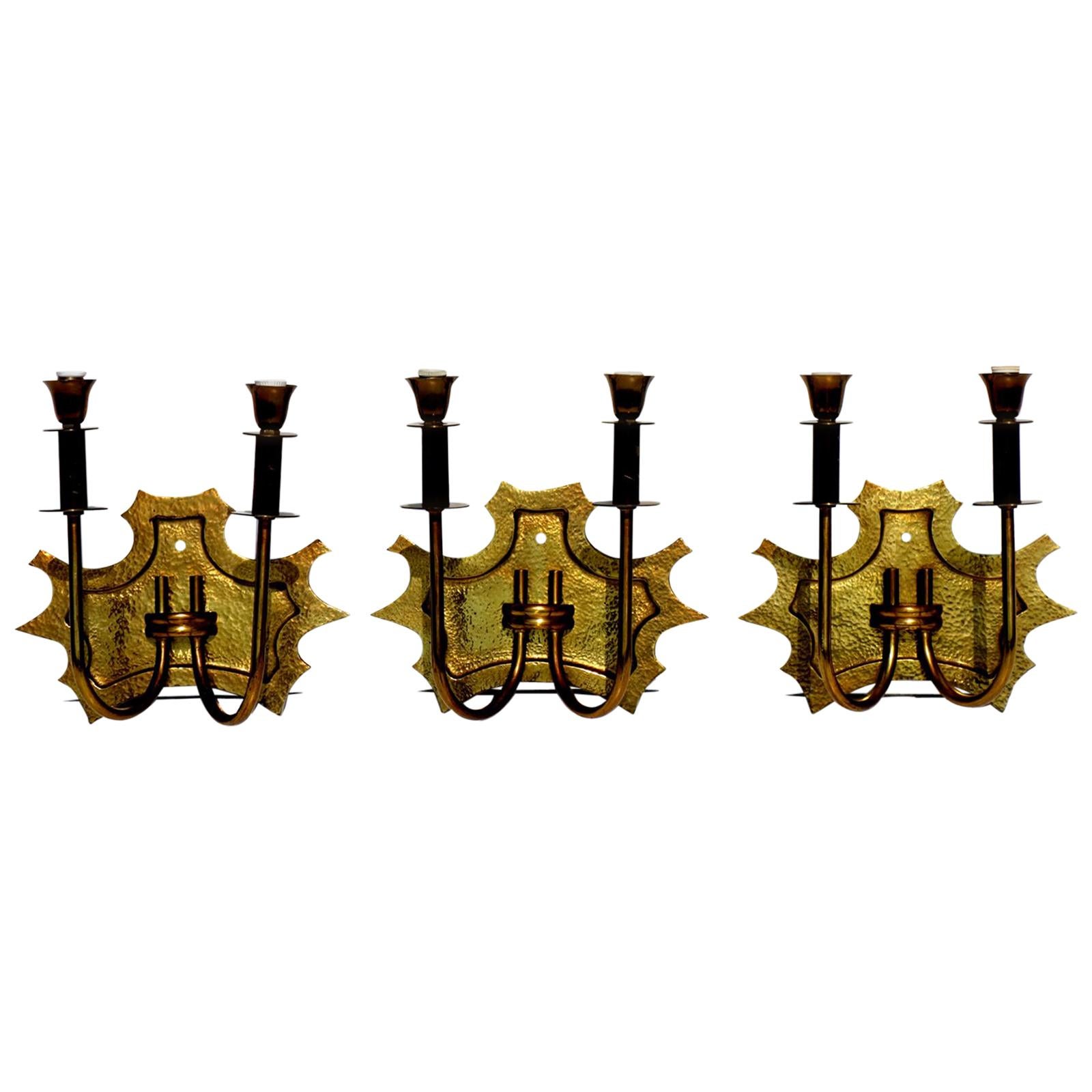 1940s Italian Design Bronze Wall Lamp Sconce, Set of 3 For Sale