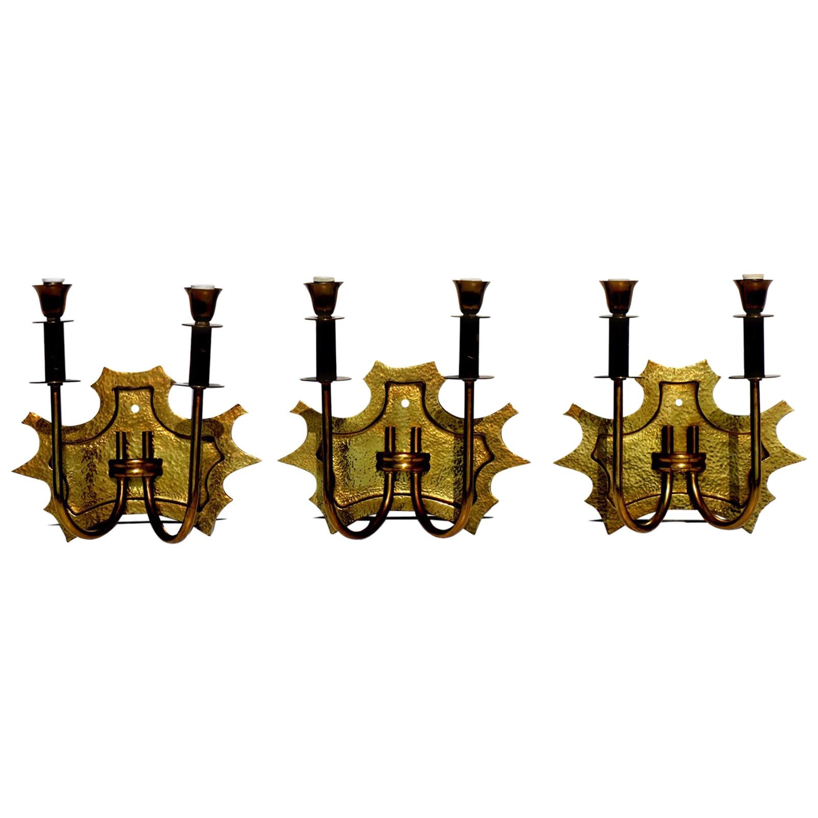 1940s Italian Design Bronze Wall Lamp Sconce, Set of 3