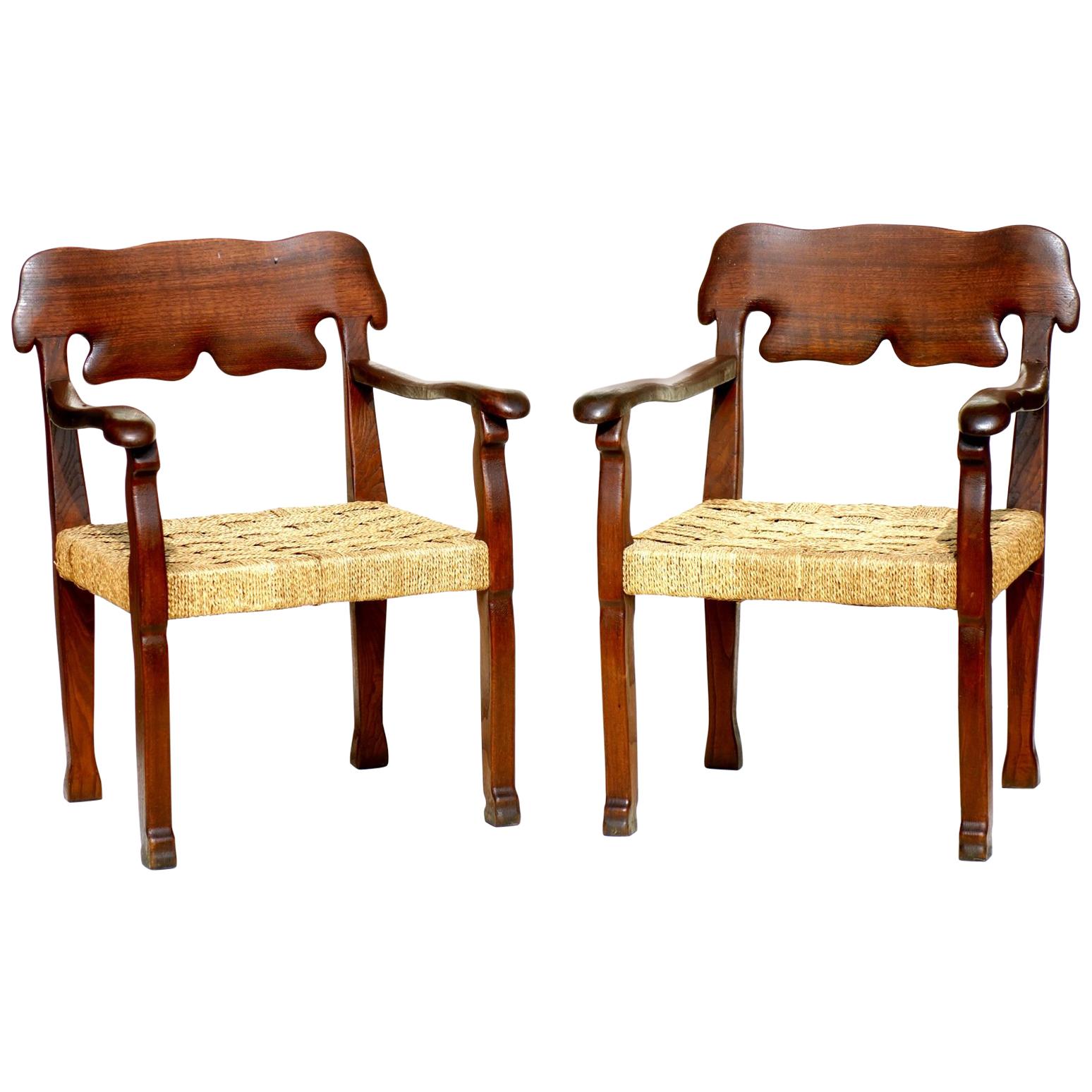 1940s Italian Design Gaudì Style Rope and Wood Pair of Chairs