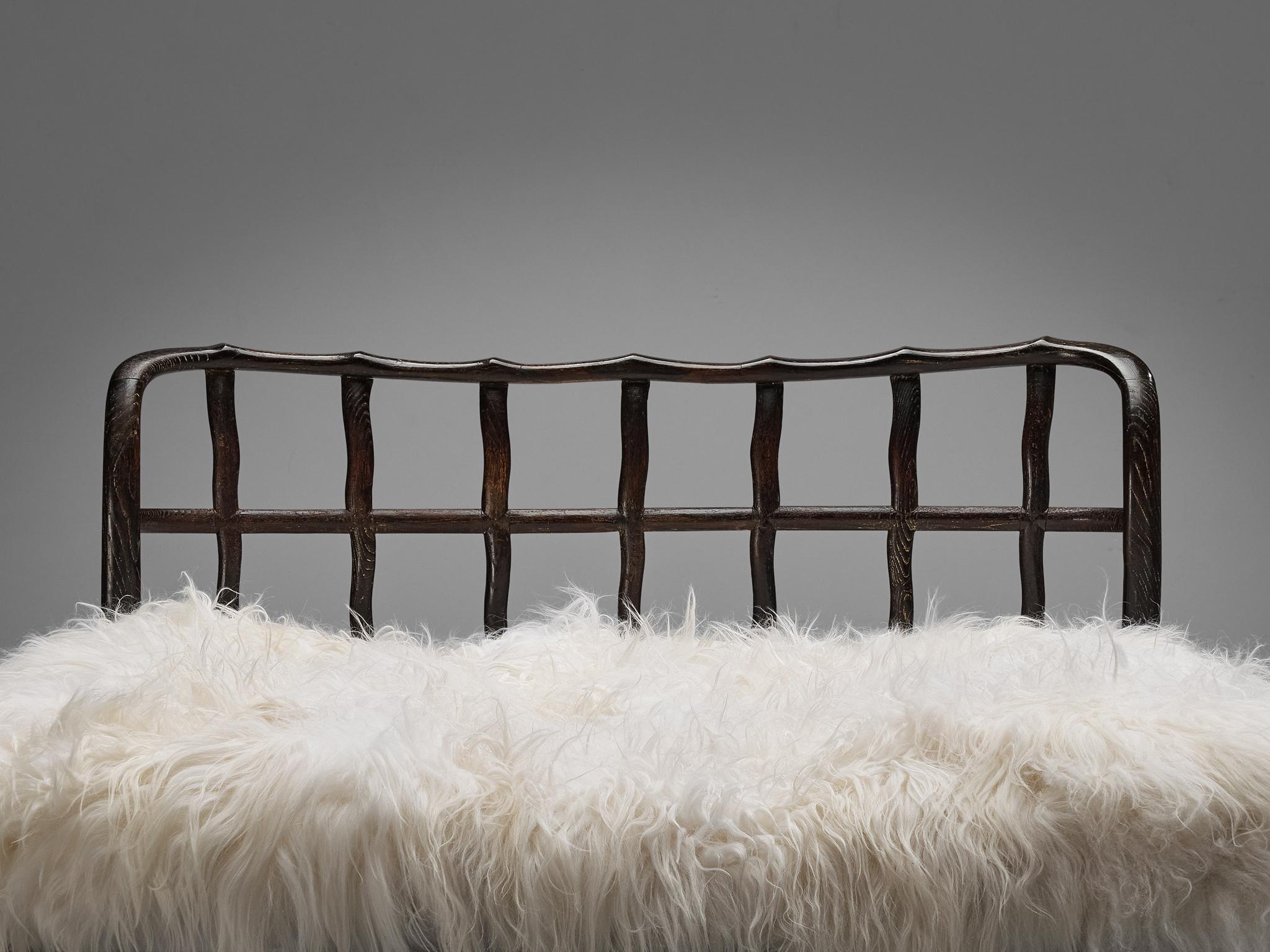 Art Deco 1940s Italian Double Bed with Carved Sculpted Frame in Cerused Chestnut  For Sale