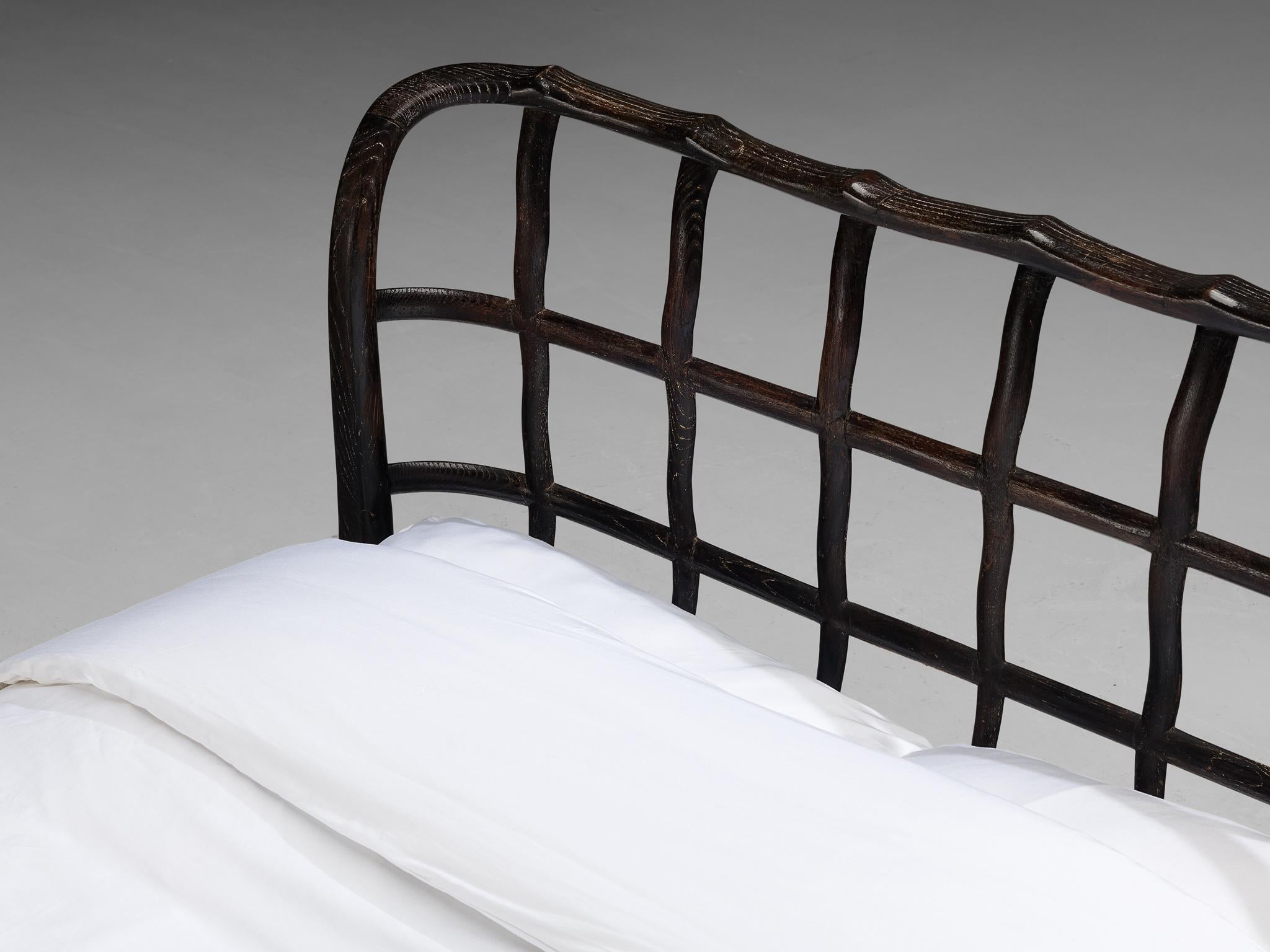 Art Deco 1940s Italian Double Bed with Carved Sculpted Frame in Cerused Chestnut For Sale