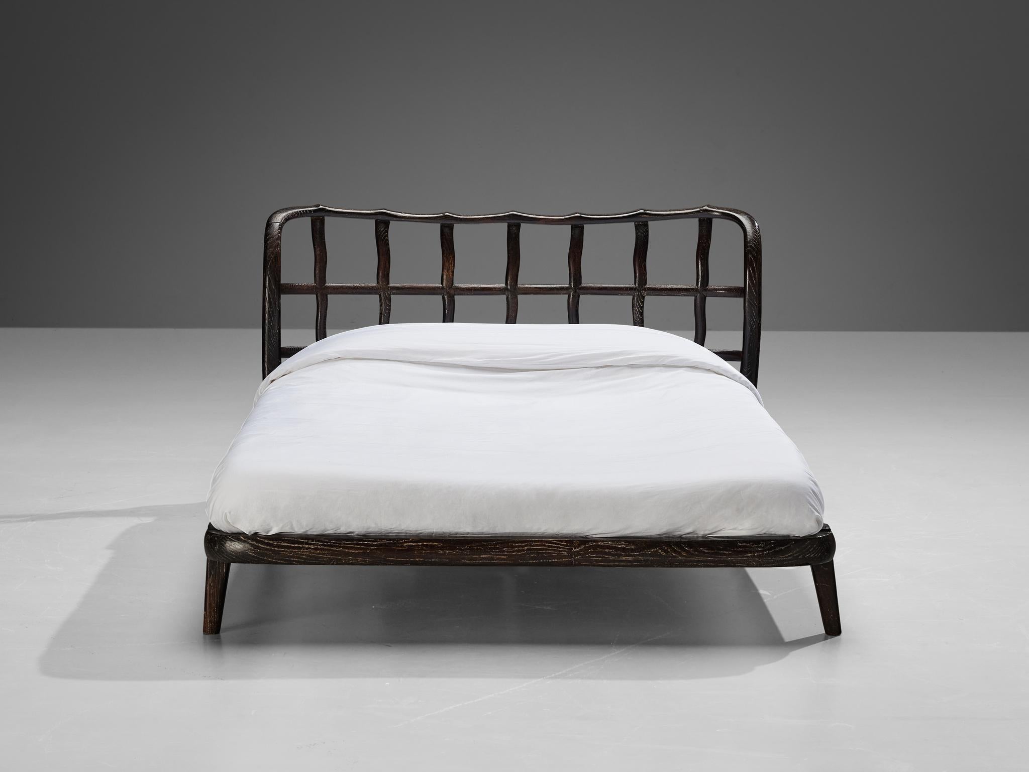 Mid-20th Century 1940s Italian Double Bed with Carved Sculpted Frame in Cerused Chestnut  For Sale