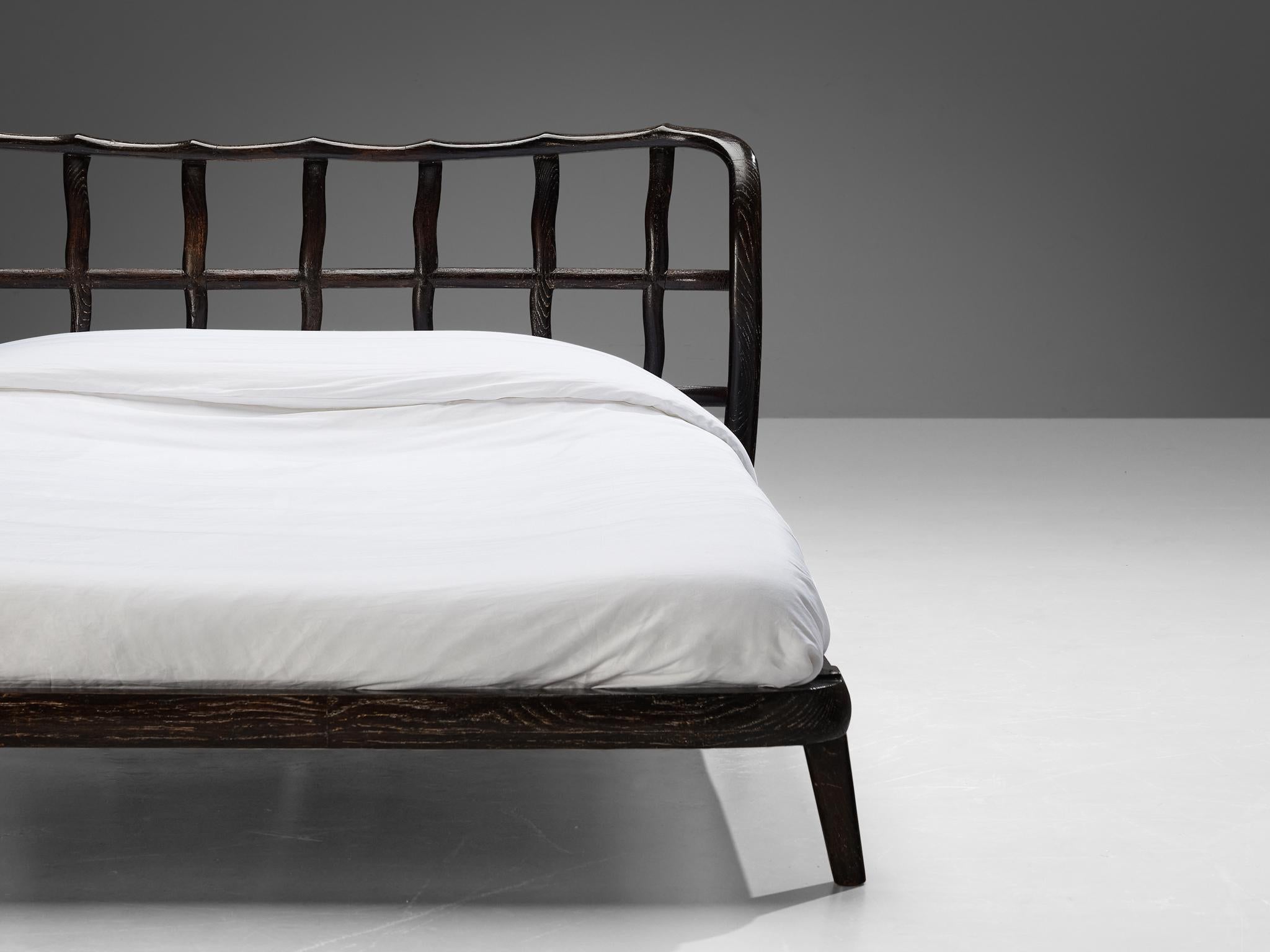 Mid-20th Century 1940s Italian Double Bed with Carved Sculpted Frame in Cerused Chestnut For Sale