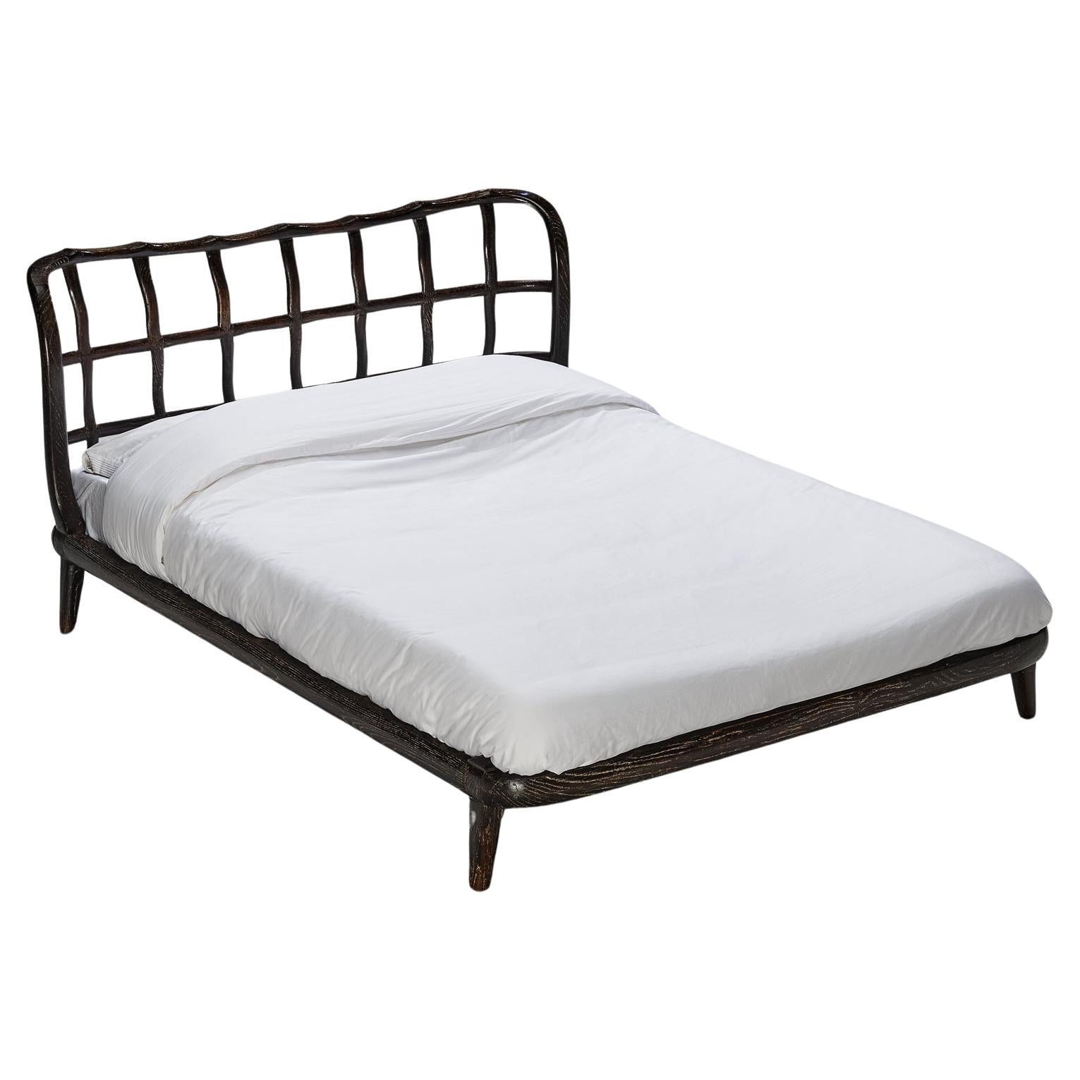 1940s Italian Double Bed with Carved Sculpted Frame in Cerused Chestnut