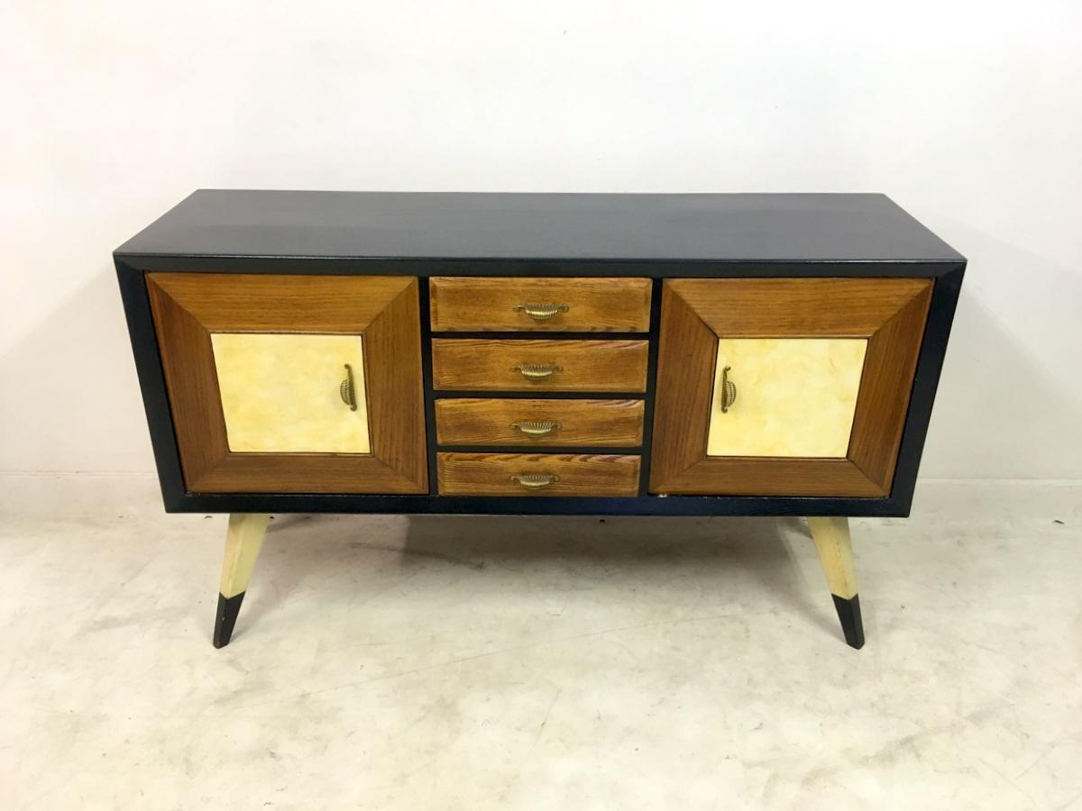 1940s Italian Ebonised Oak and Parchment Sideboard In Good Condition In London, London