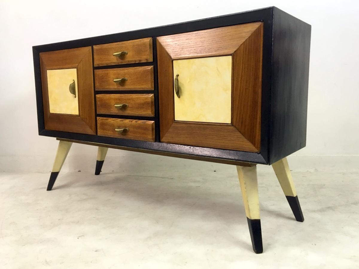 1940s Italian Ebonised Oak and Parchment Sideboard 1