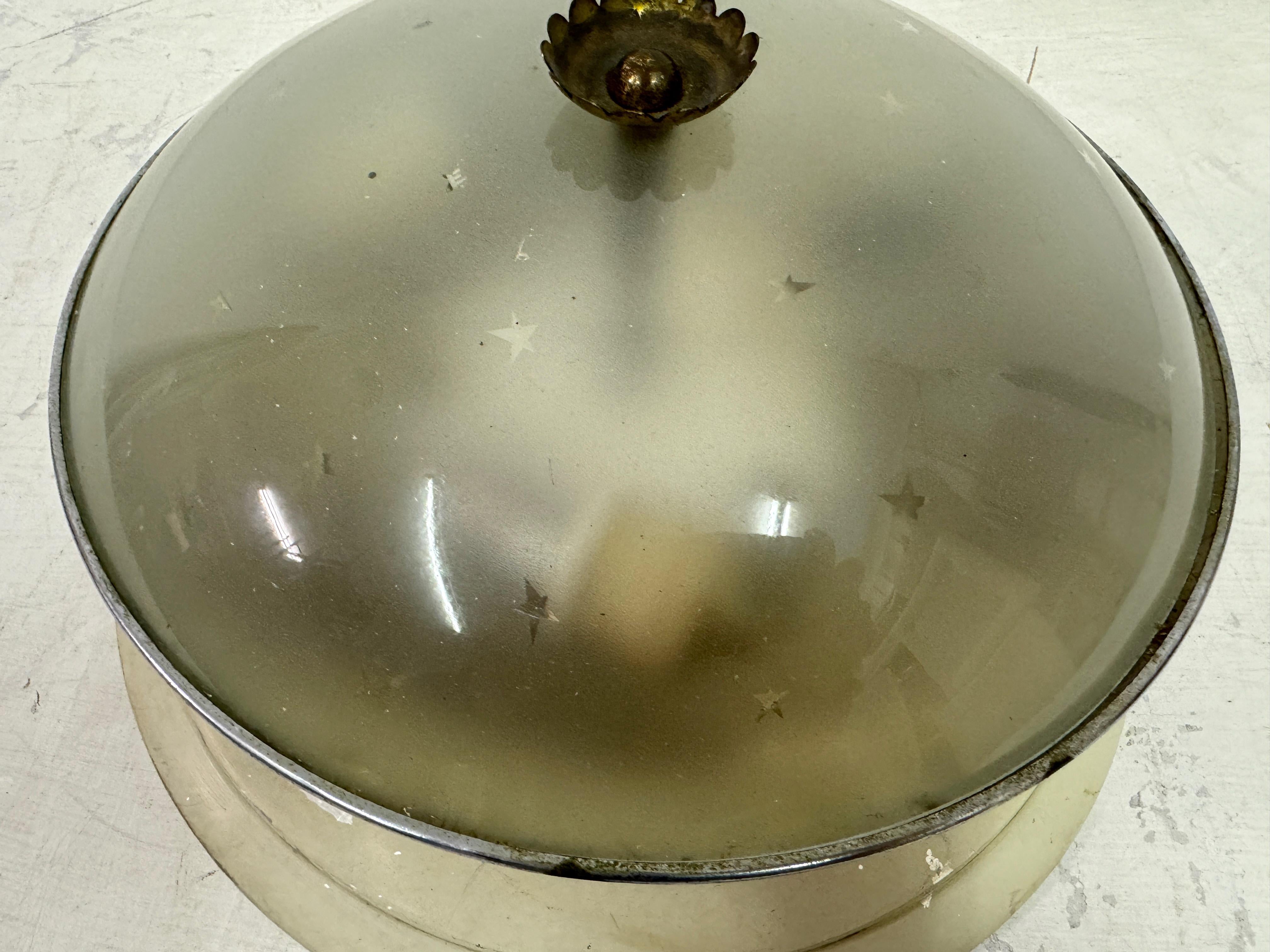 20th Century 1940s Italian Flush mounted Ceiling Light with Star Etched Glass For Sale