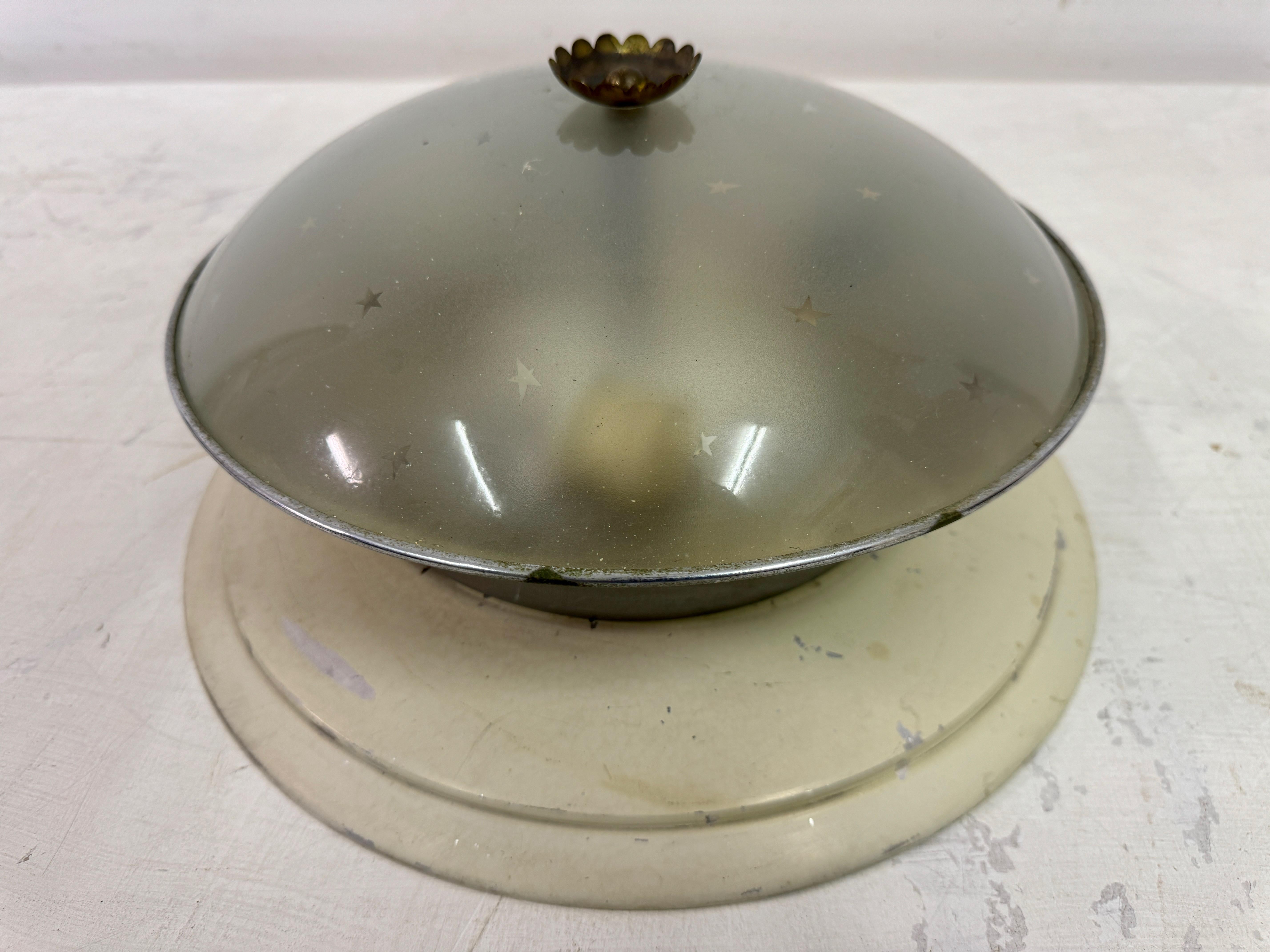 Metal 1940s Italian Flush mounted Ceiling Light with Star Etched Glass For Sale