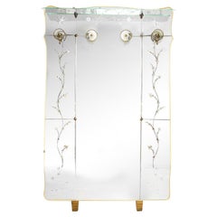 1940s Italian Floral Art Glass Full-Length Mirror Shelf and Hooks Fontana Arte