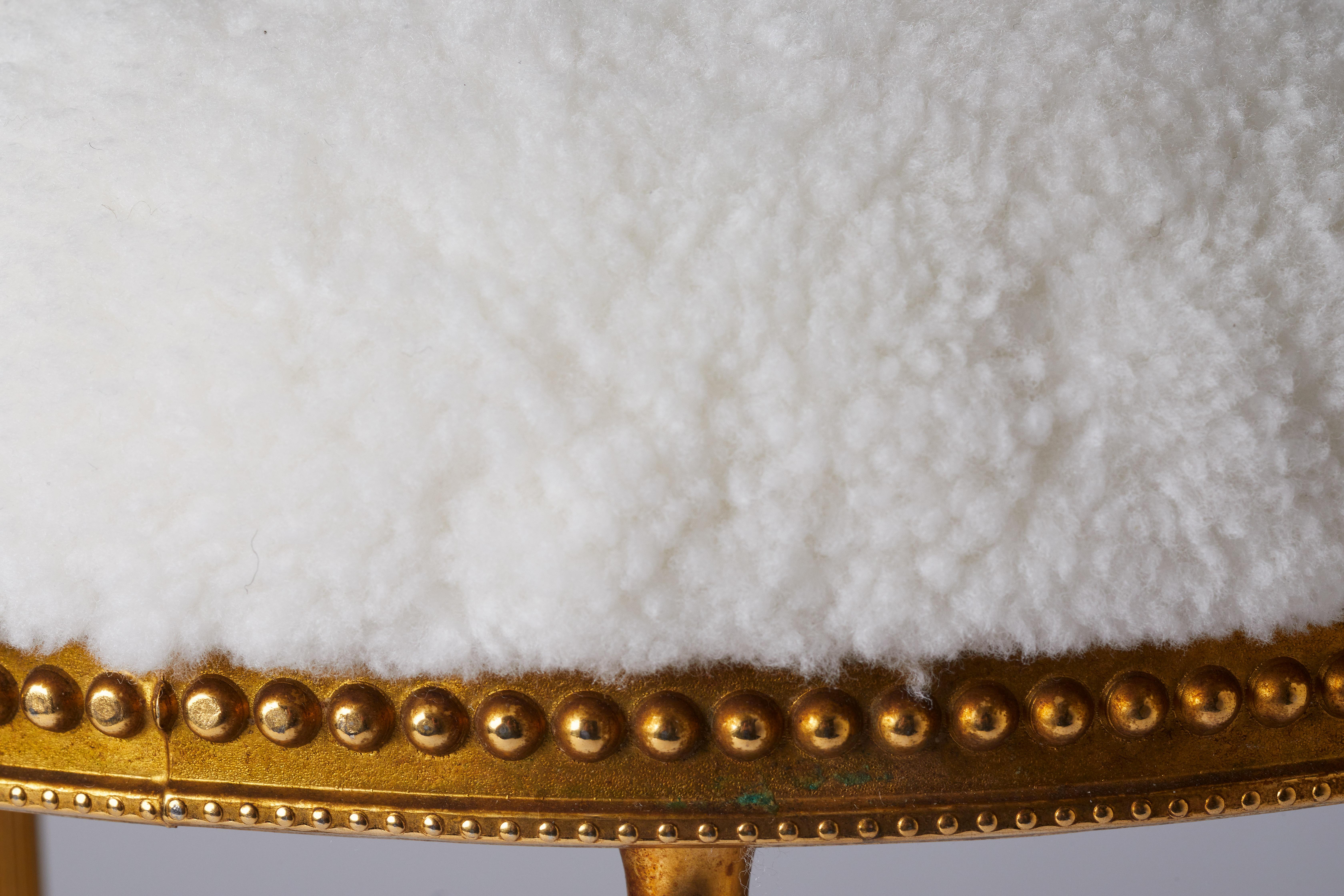 Mid-20th Century 1940s Italian Gilded & Reupholstered White Shearling Poof