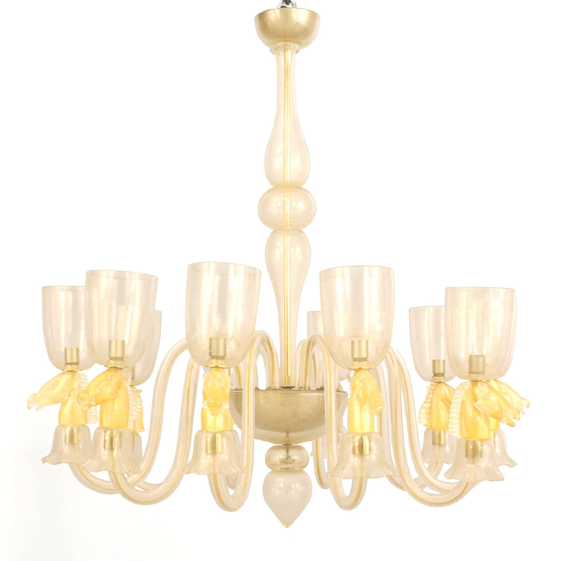 Italian Mid-Century (1940s) Murano gold dusted glass chandelier with 10 scroll shaped arms with horse heads supporting a hurricane shaped shade. (Attributed to: GIAMPOALO SEGUSO)
