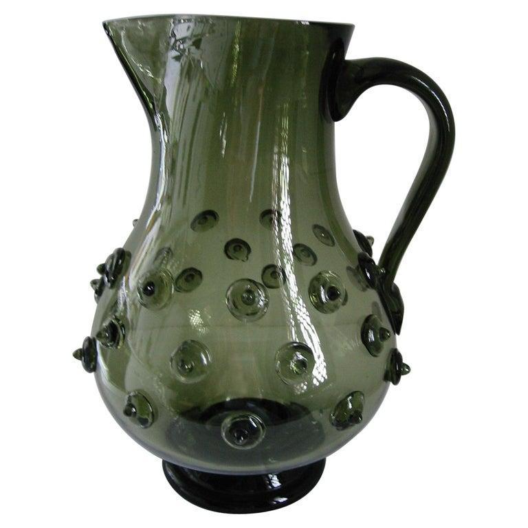 1940s Italian Green Glass Pitcher with Raised Glass Details In Good Condition For Sale In New York, NY