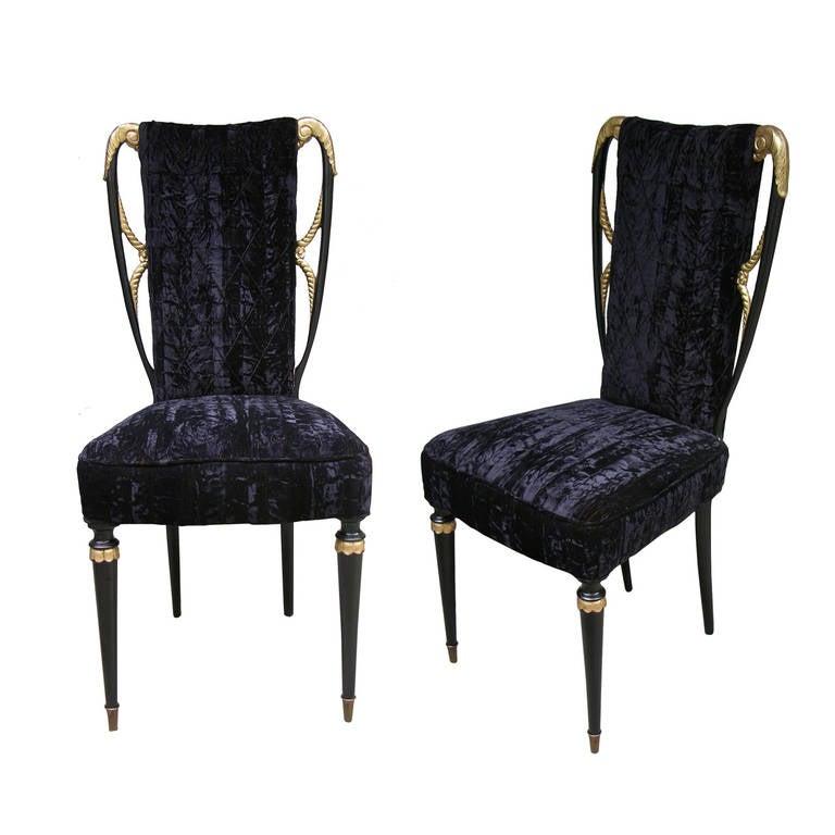 Late Italian Art Deco glamorous pair of handcrafted side chairs in Liberty style and in very good original condition. The original fabric is extremely interesting in a weaved black silk and velvet with a diamond pattern, so unique that it picks up