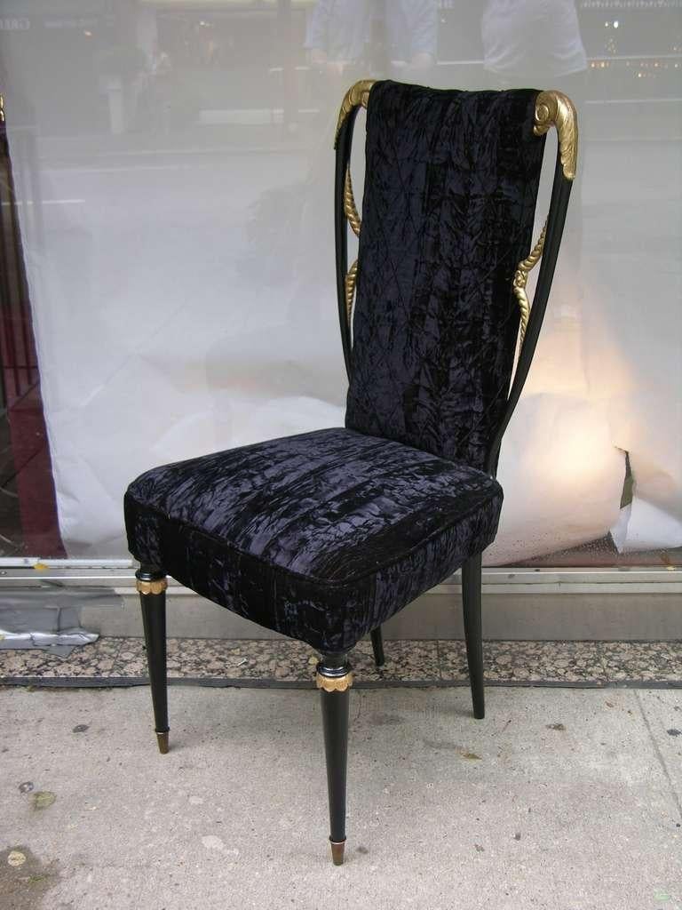 1940s Italian Late Art Deco Pair Gilded Black Lacquered Chairs in Black Velvet For Sale 2