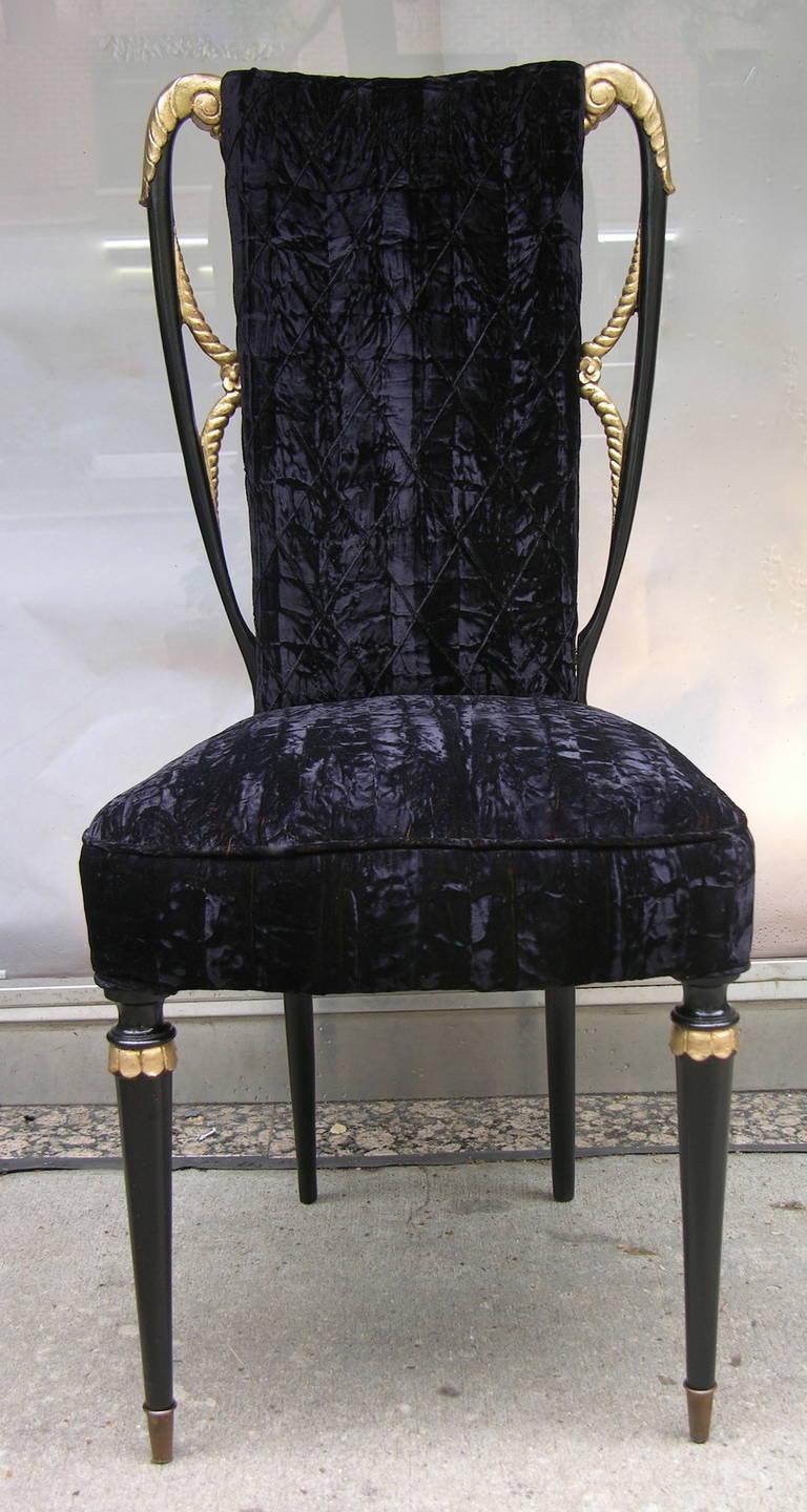 1940s Italian Late Art Deco Pair Gilded Black Lacquered Chairs in Black Velvet For Sale 2