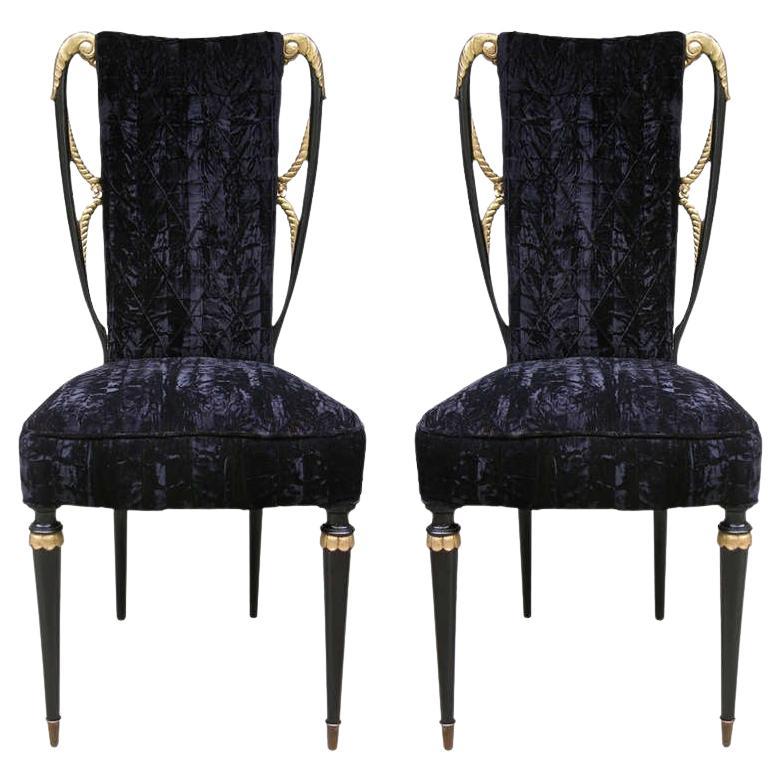 1940s Italian Late Art Deco Pair Gilded Black Lacquered Chairs in Black Velvet For Sale