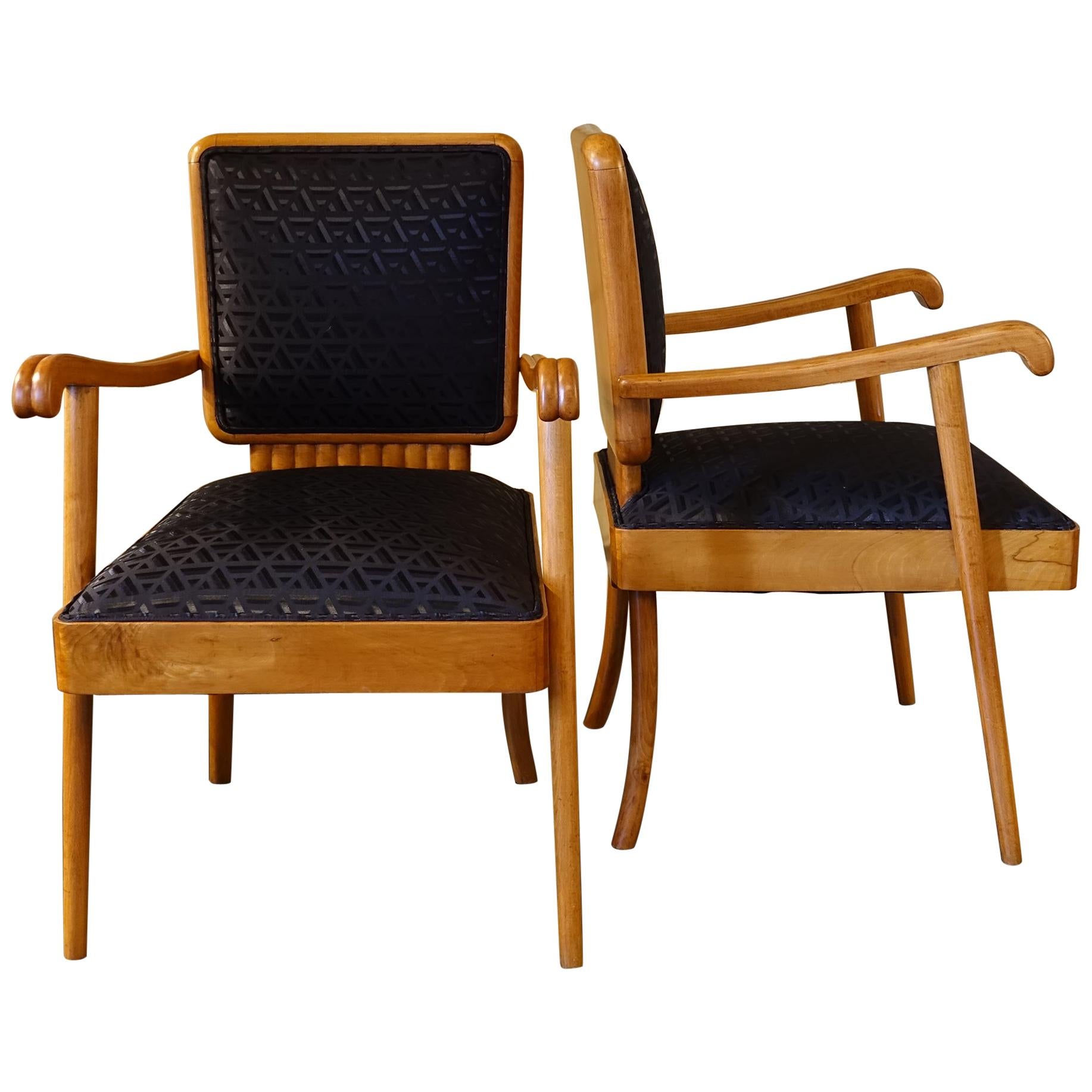 1940s Italian Mid-Century Modern Oak Armchairs, Black Jacquard Fabric