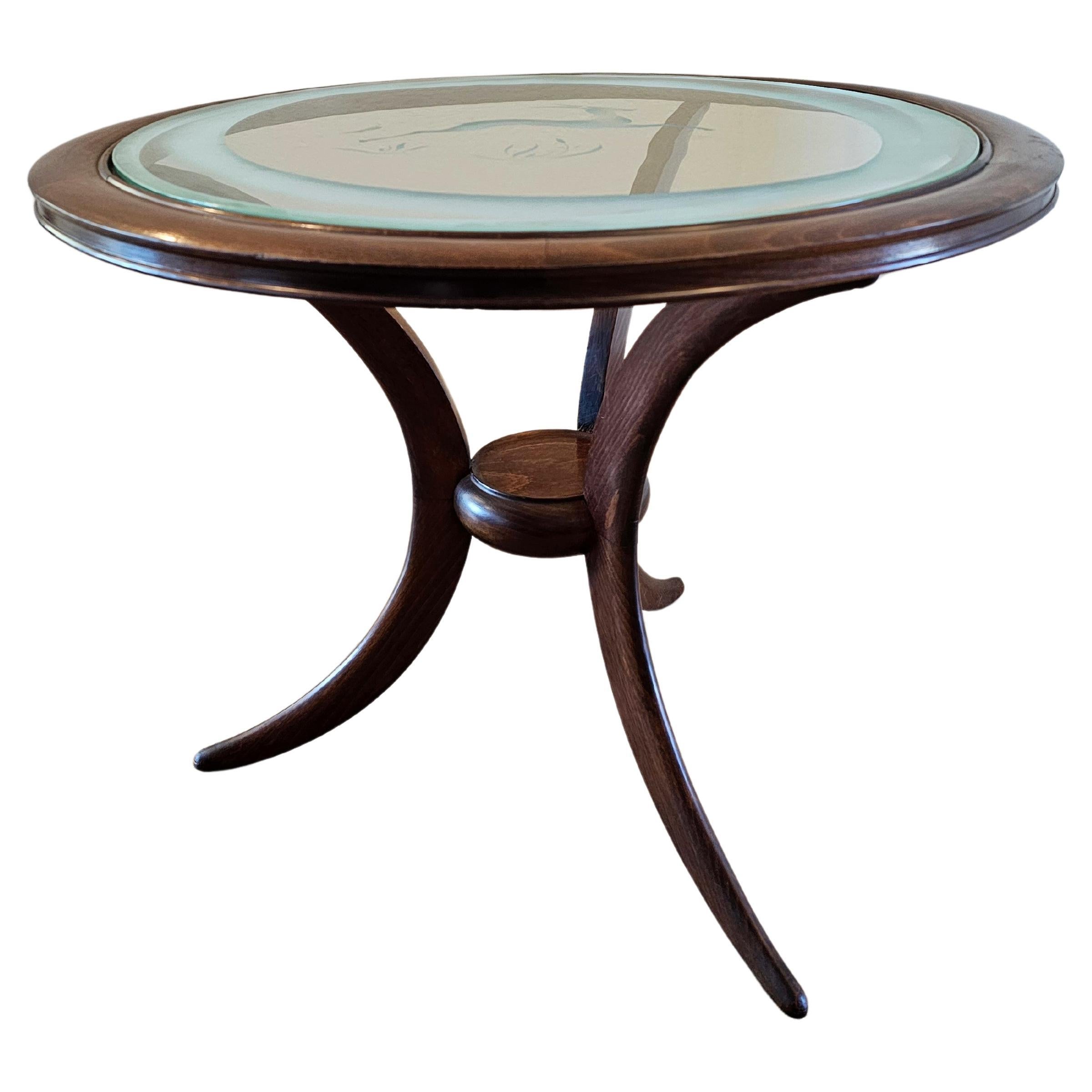 1940s Italian Mid-Century Modern Round Etched Glass Side Table  For Sale