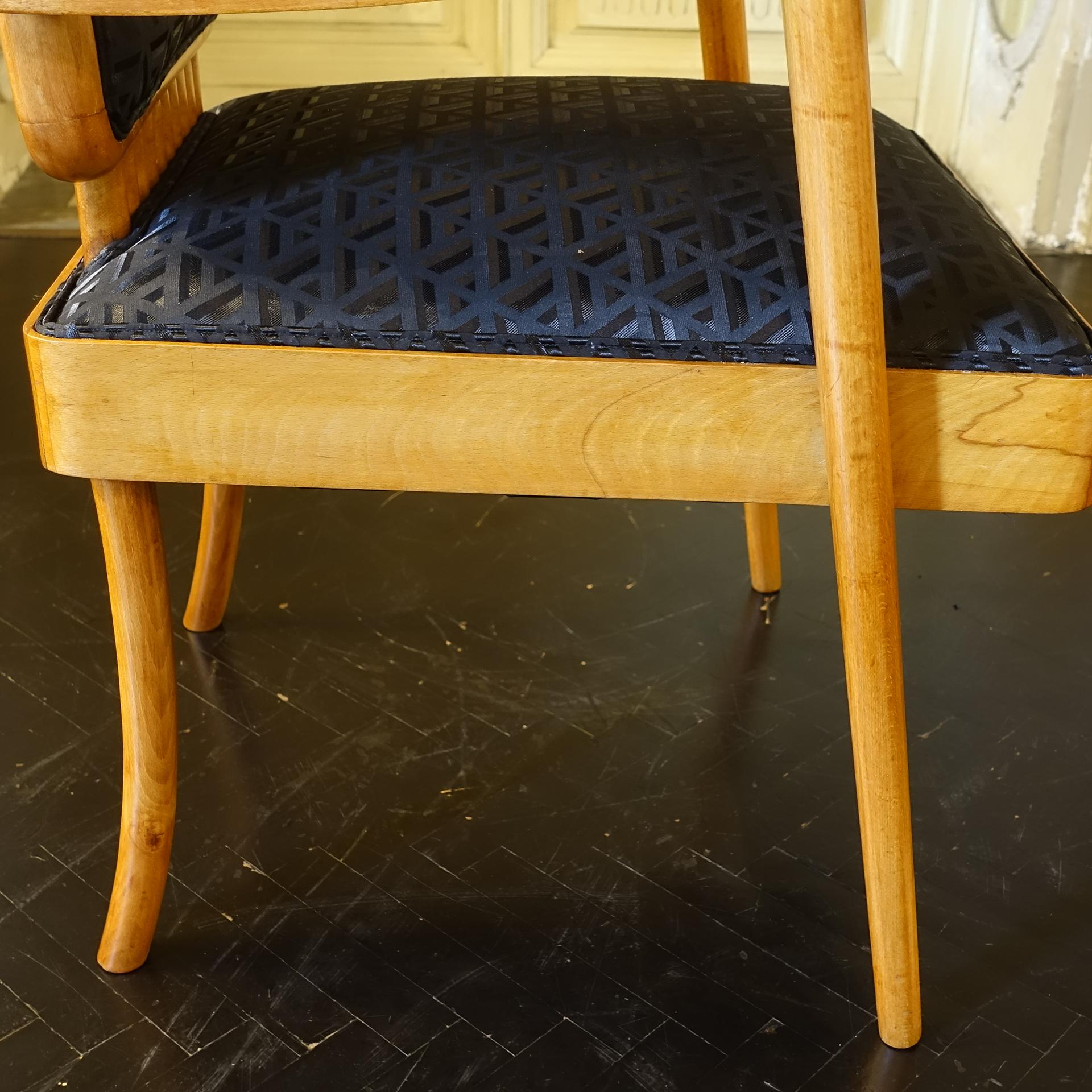 1940s Italian Mid-Century Modern Oak Armchairs, Black Jacquard Fabric 5