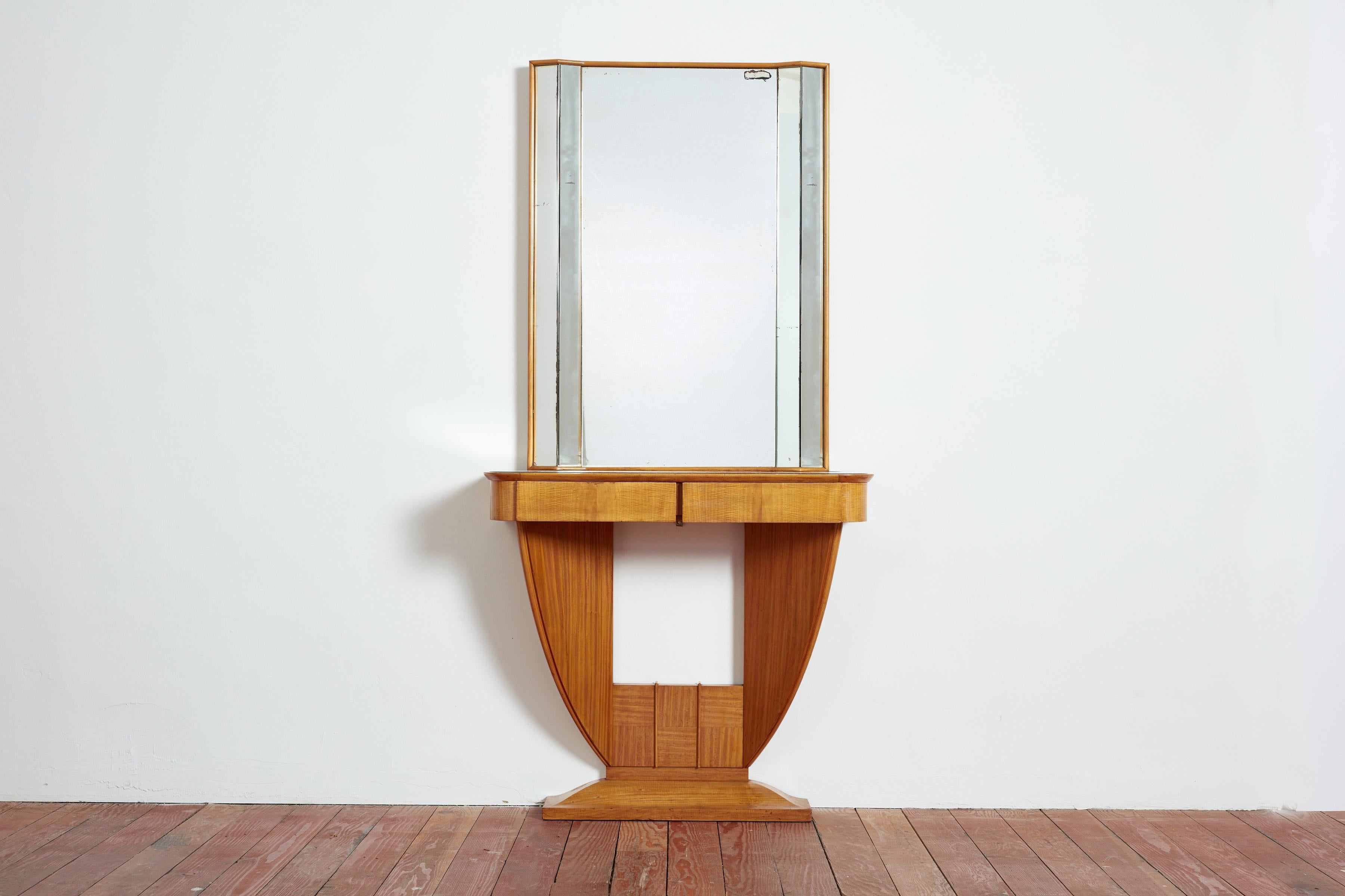 1940's Italian wood entry console with mirror
Fantastic tall curved shape with mirrored inlayed surface table and 2 drawers for storage 
Wonderful patina to wood and mirror 
Italy, 1940's
