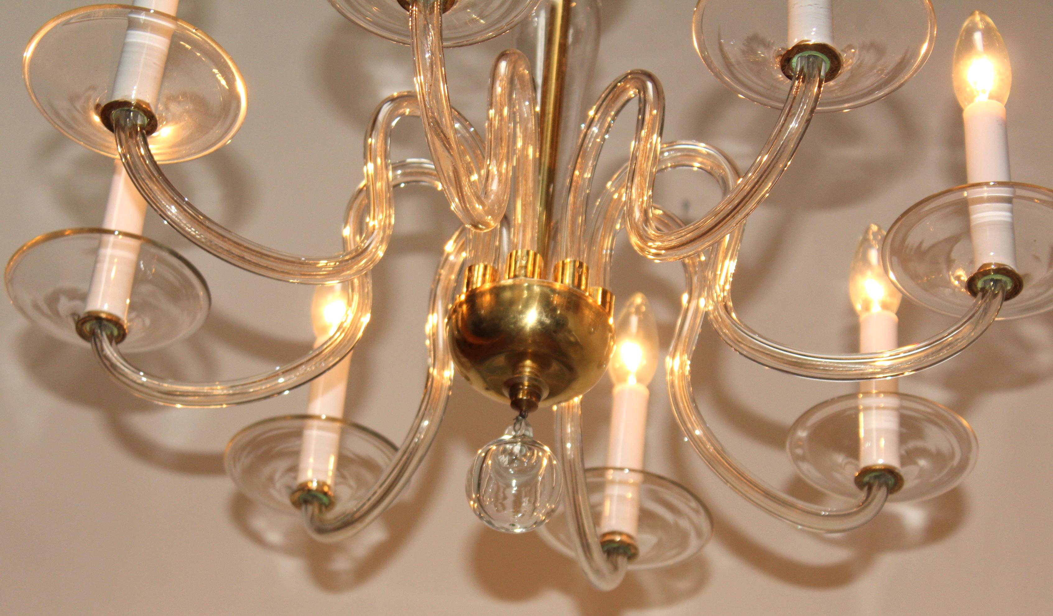 1940's Italian Murano Glass And Brass Chandelier For Sale 8