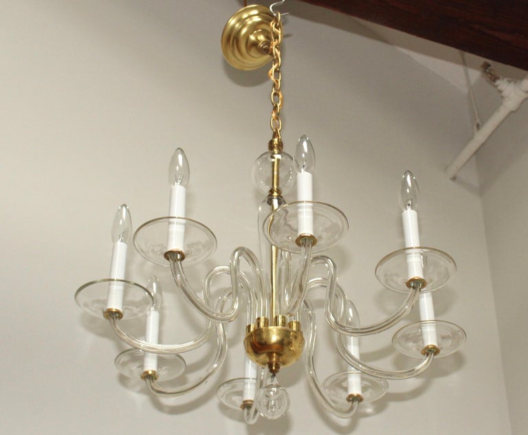Mid-20th Century 1940's Italian Murano Glass And Brass Chandelier For Sale