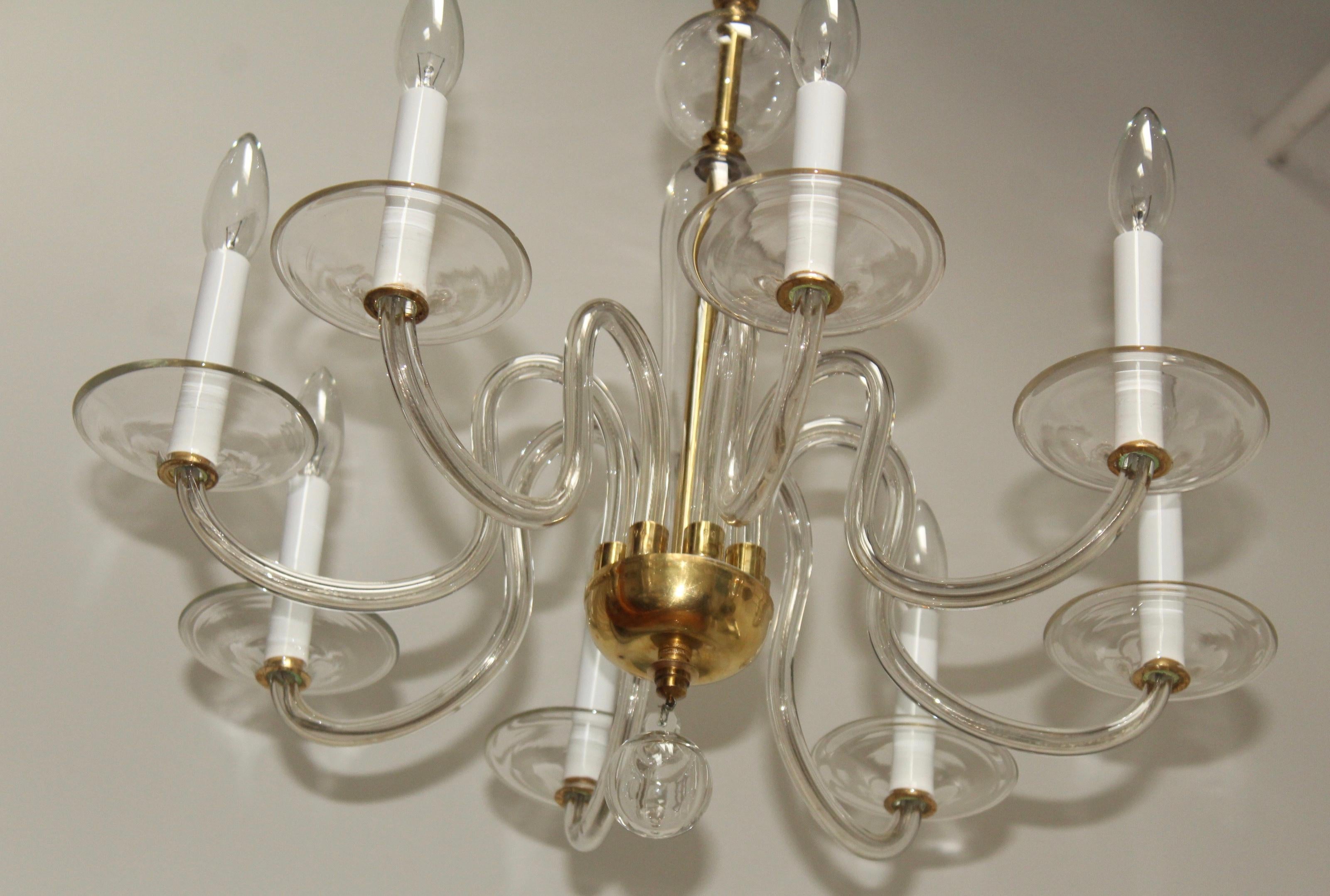 1940's Italian Murano Glass And Brass Chandelier For Sale 2