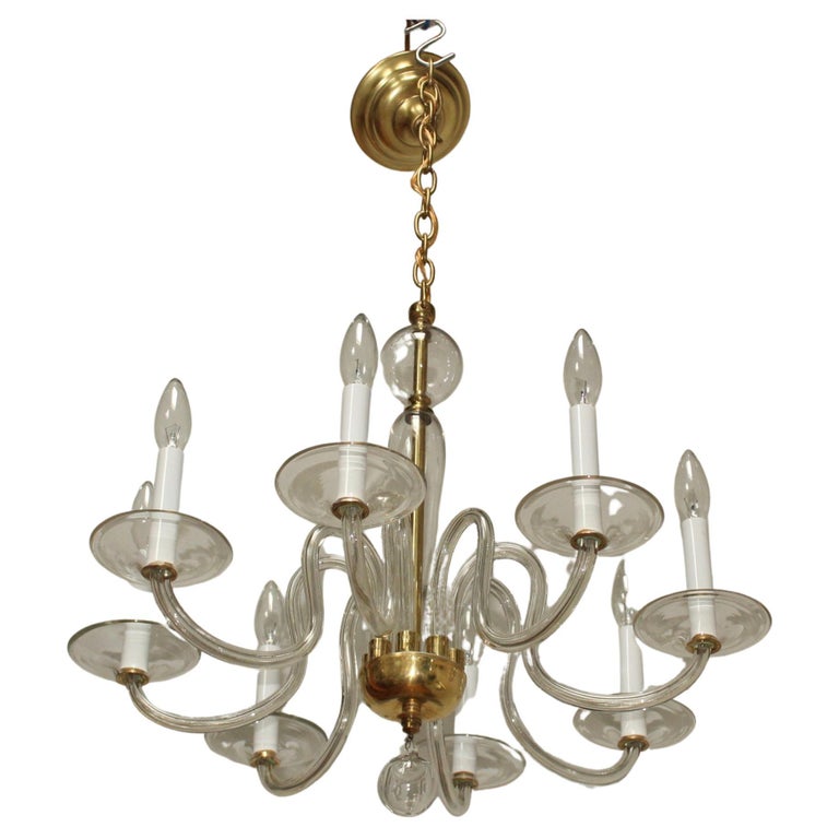 1940's Italian Murano Glass And Brass Chandelier For Sale