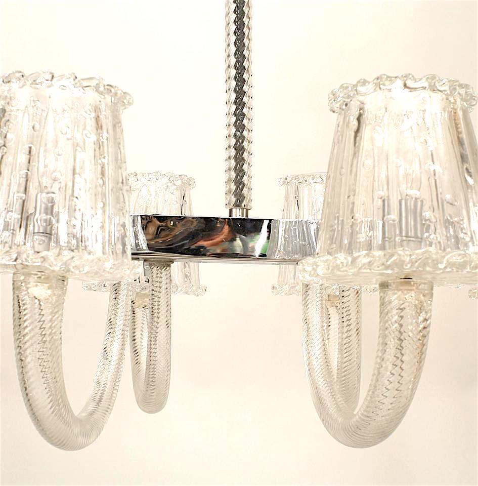 Italian (1940's) Venetian Murano clear swirl design glass 10 arm chandelier emanating from a rectangular chrome frame holding clear bubble glass shades. (att: BAROVIER ET TOSO)

