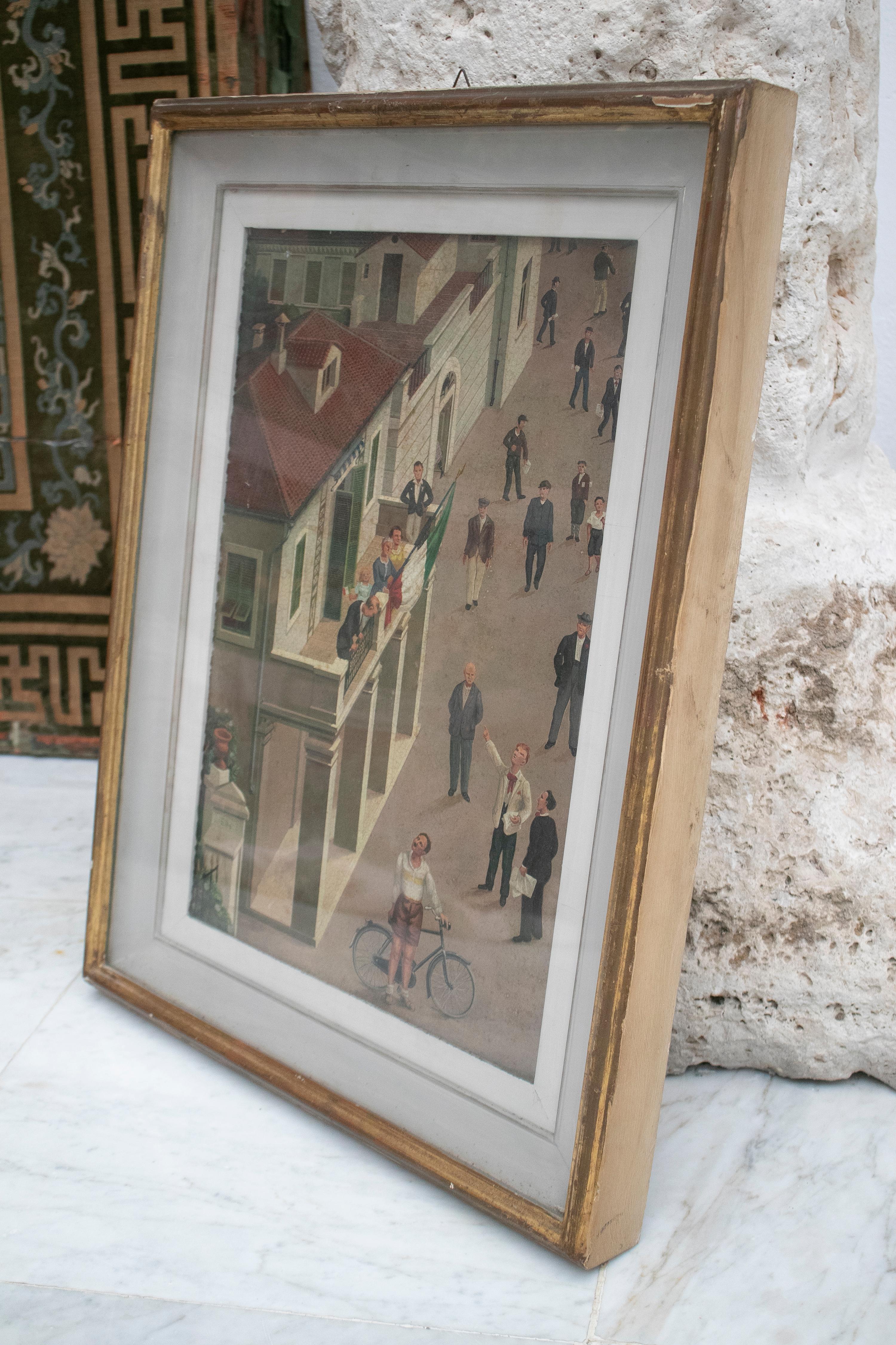 1940s Óleo Italiano sobre Madera Estilo Naif Firmado E. BO Pintado a mano en venta