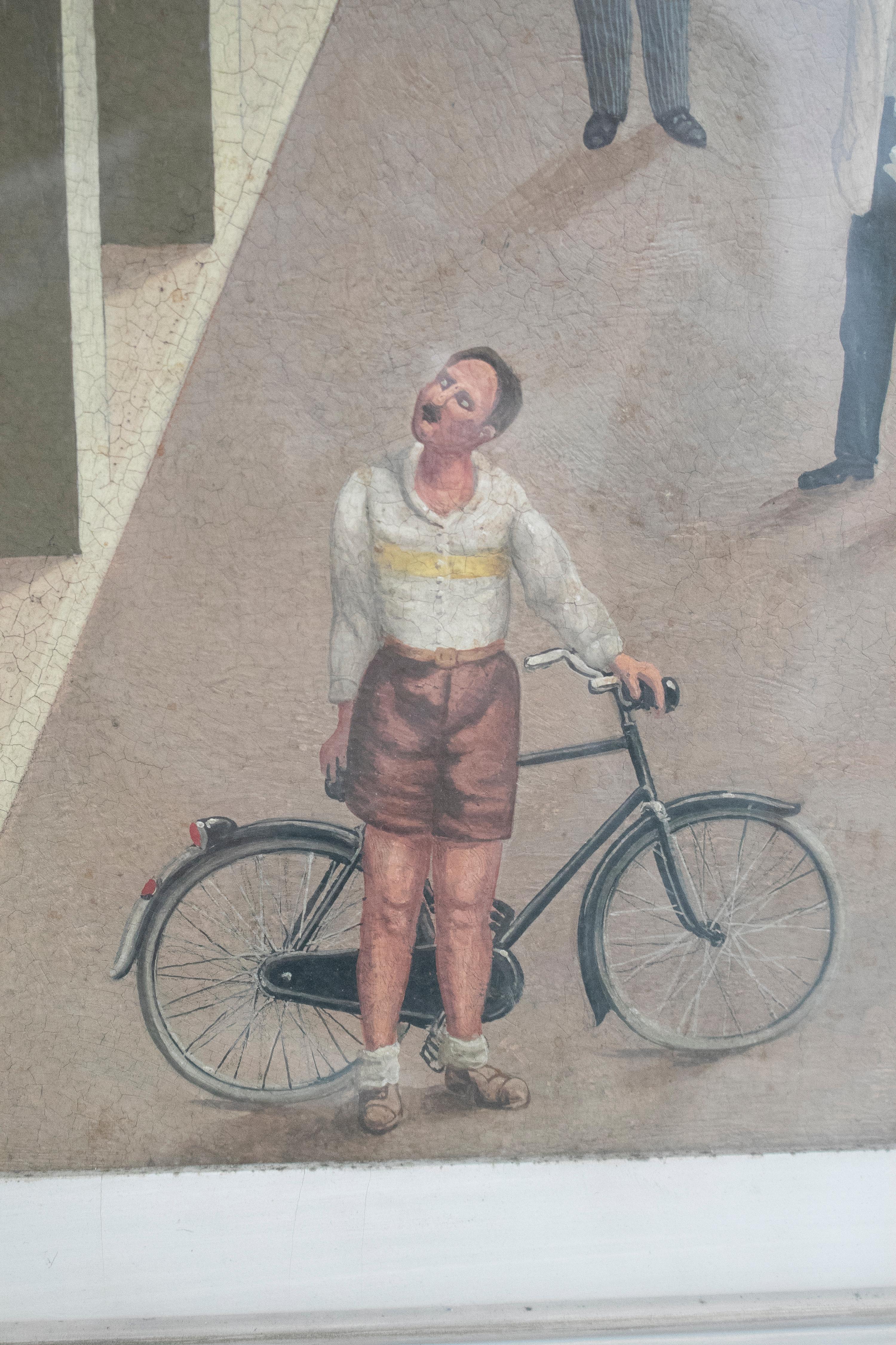 1940s Óleo Italiano sobre Madera Estilo Naif Firmado E. BO en venta 2
