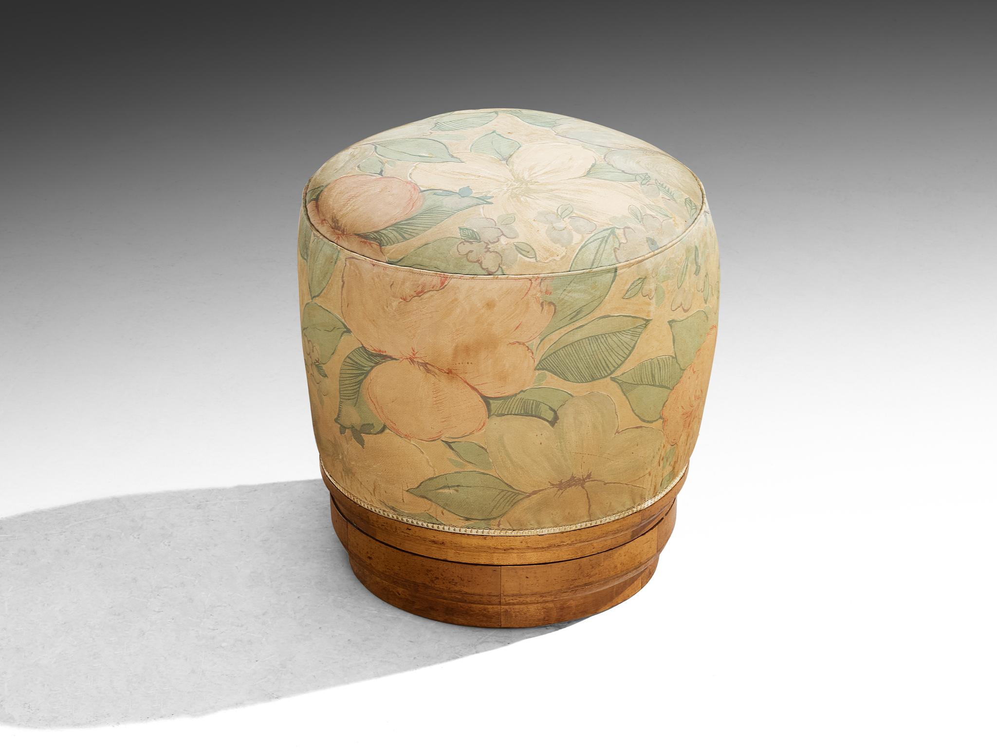 Mid-Century Modern 1940s Italian Ottoman or Stool in Floral Fabric and Blonde Wood For Sale