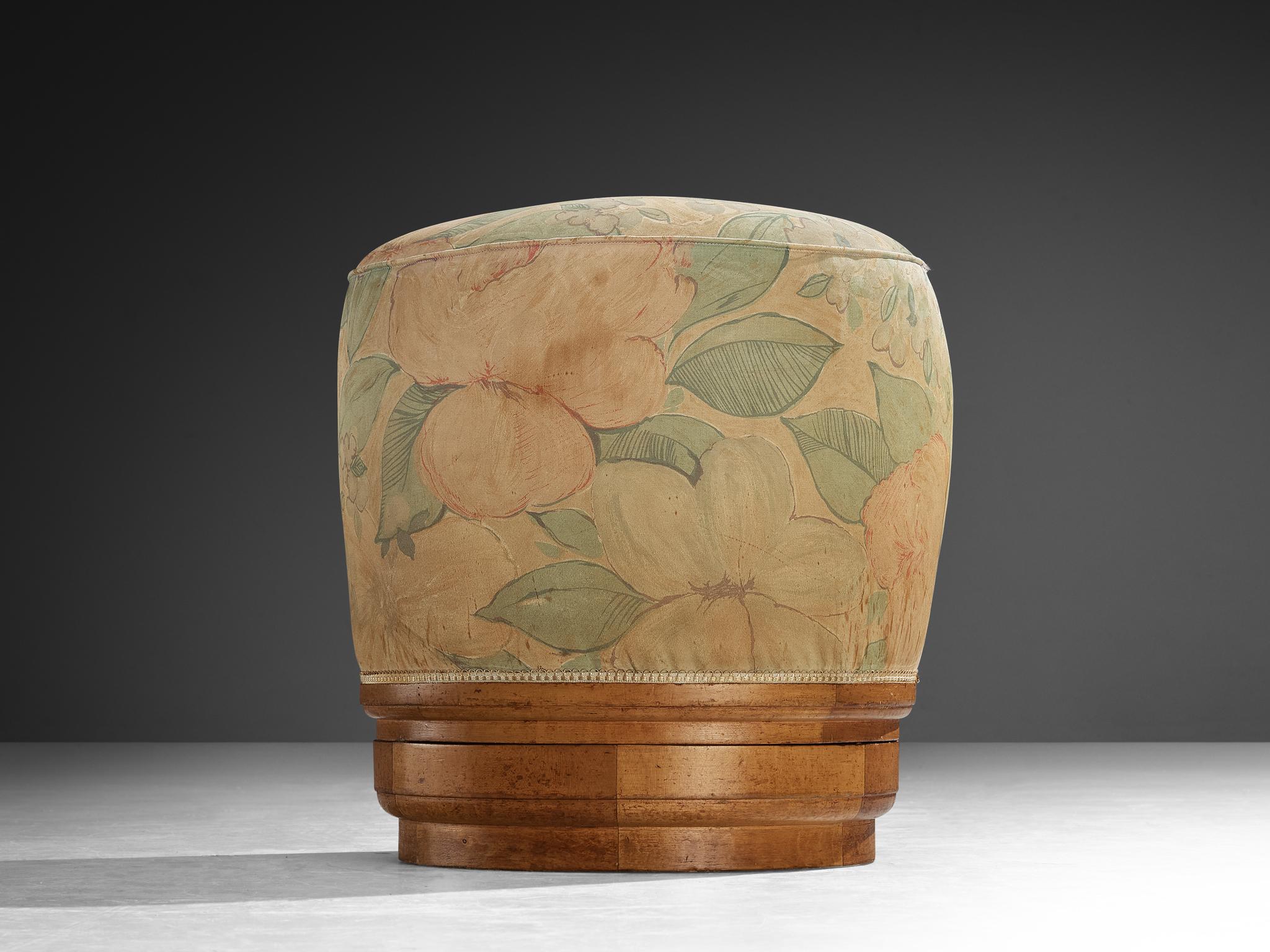 1940s Italian Ottoman or Stool in Floral Fabric and Blonde Wood In Good Condition For Sale In Waalwijk, NL