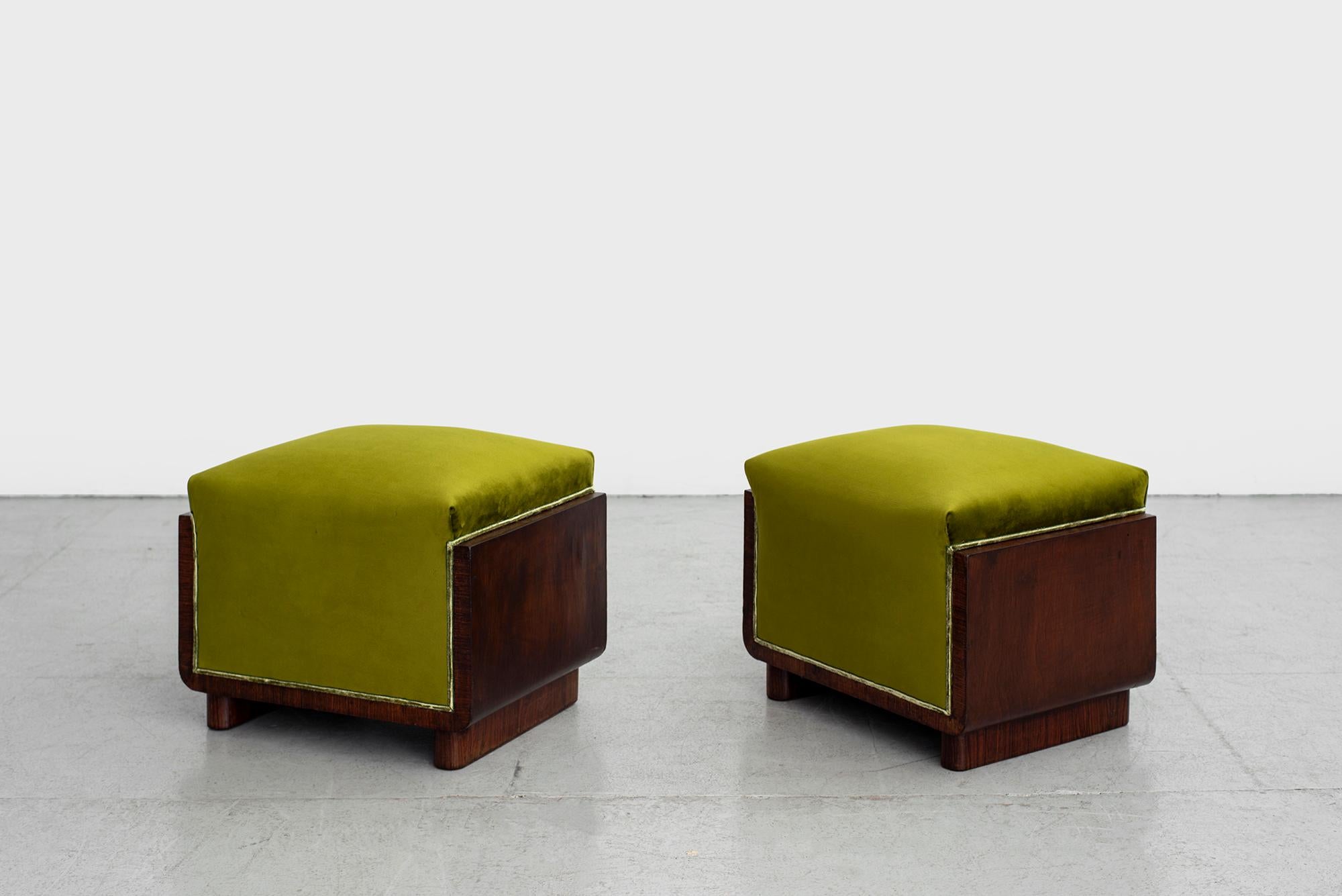 Pair of charming 1940s Italian stools with mahogany frame and cube shape. 
Upholstered in chartreuse green velvet.