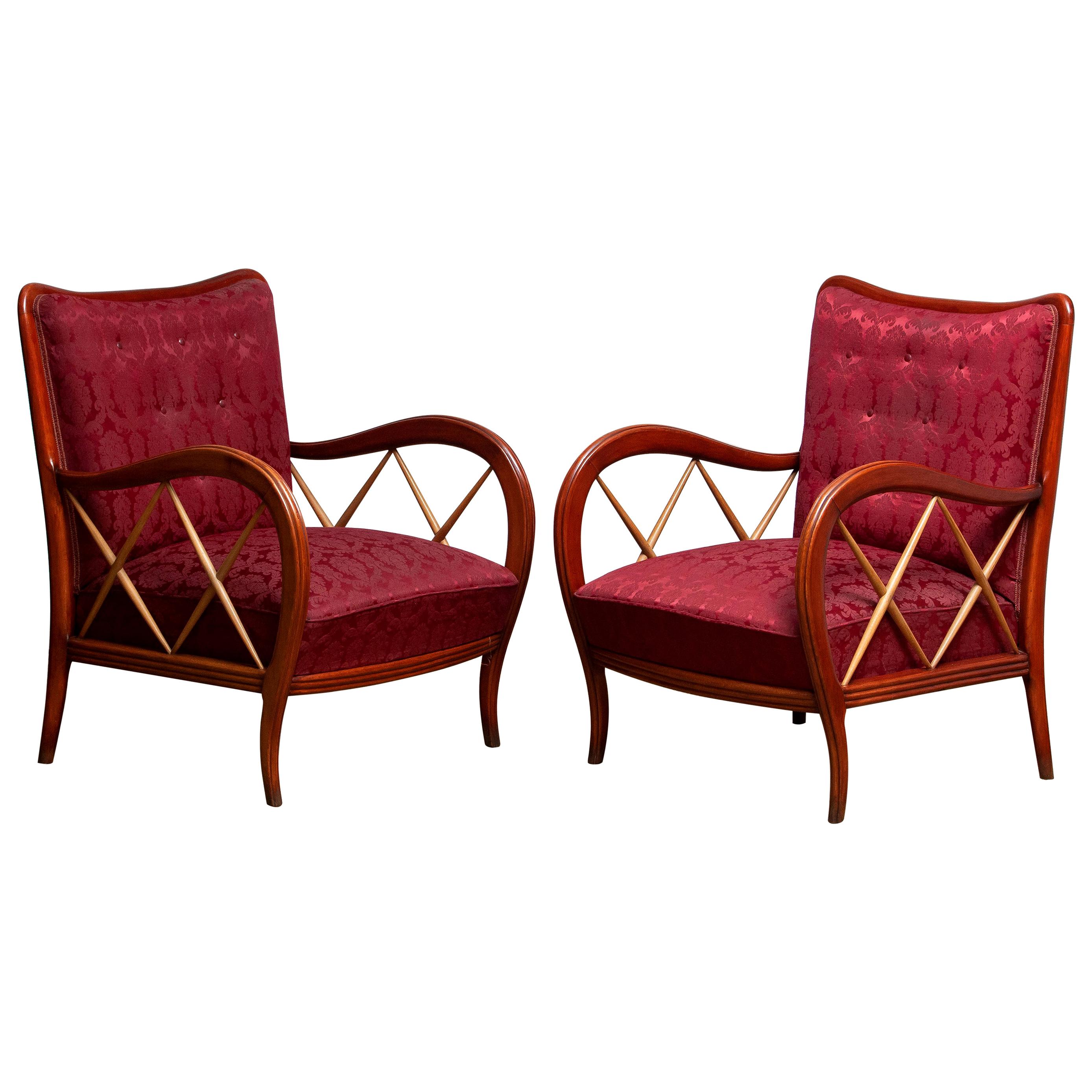 Mid-Century Modern 1940s Italian Pair of Paolo Buffa Lounge Chairs in Mahogany and Beech