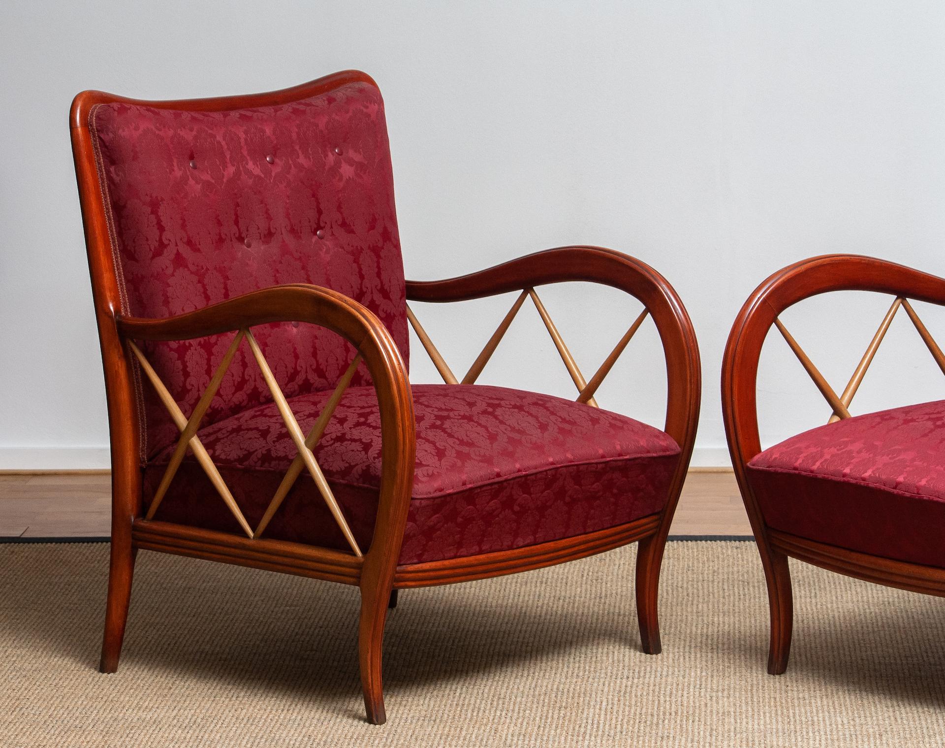 Fabric 1940s Italian Pair of Paolo Buffa Lounge Chairs in Mahogany and Beech