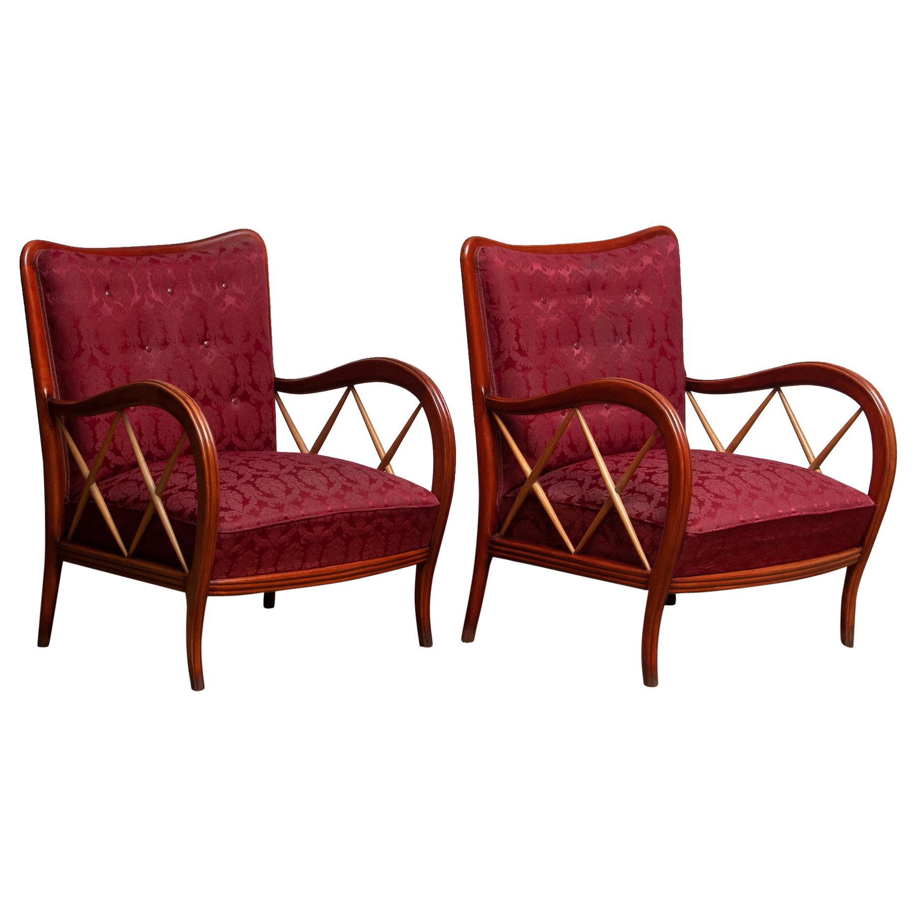 1940s Italian Pair of Paolo Buffa Lounge Chairs in Mahogany and Beech