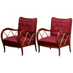 1940s Italian Pair of Paolo Buffa Lounge Chairs in Mahogany and Beech