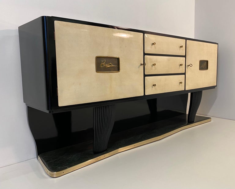 Art Deco Italian Parchment Marble and Bronzes Sideboard, Attributed to Osvaldo Borsani For Sale
