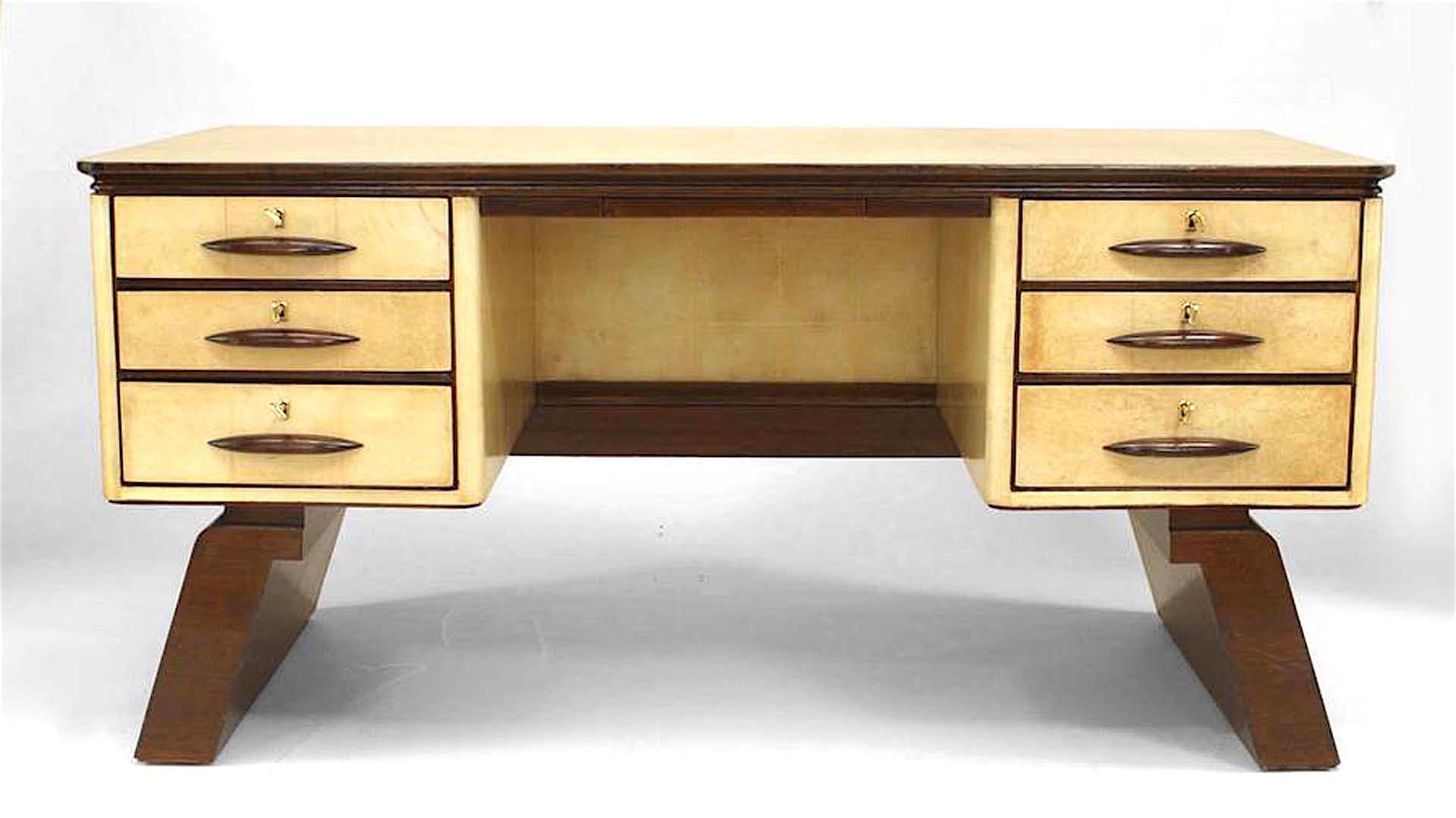 Mid-Century Modern Italian Paolo Buffa Parchment Veneer Mahogany Desk For Sale