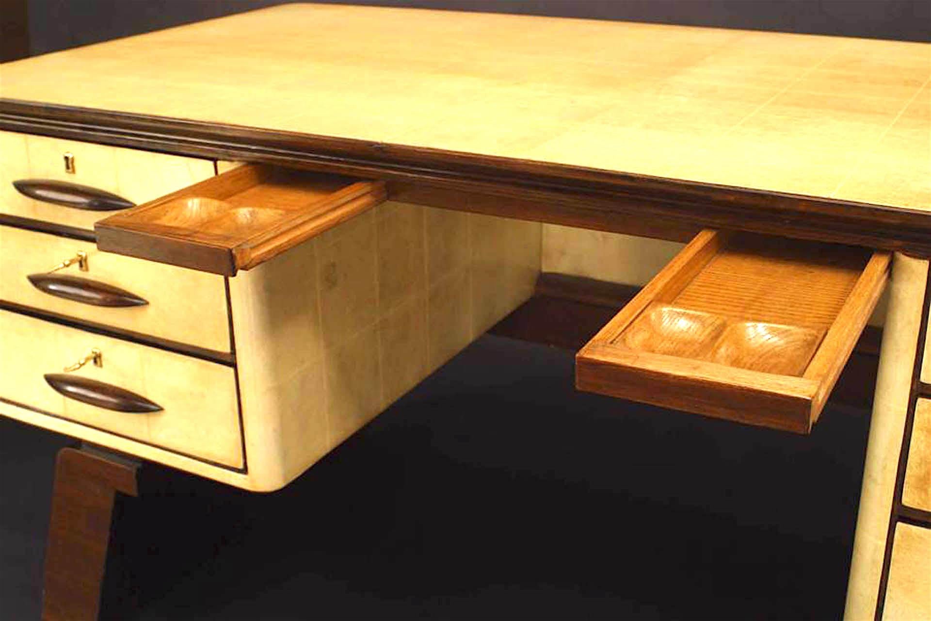 Mid-20th Century Italian Paolo Buffa Parchment Veneer Mahogany Desk For Sale