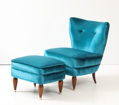 1940's Italian Petite Slipper Chairs And Ottoman In Velvet Upholstery