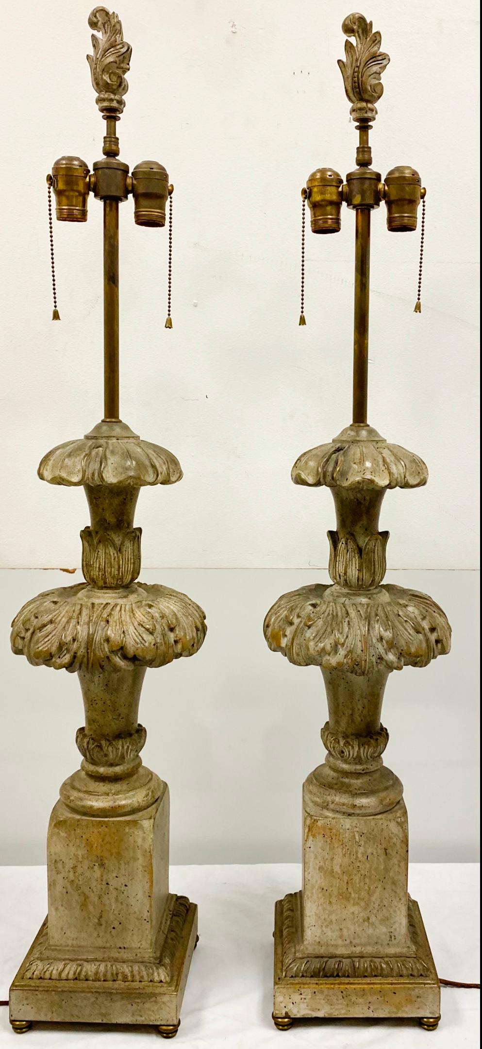 20th Century 1940s Italian Regency Style Carved Wood Lamps, a Pair