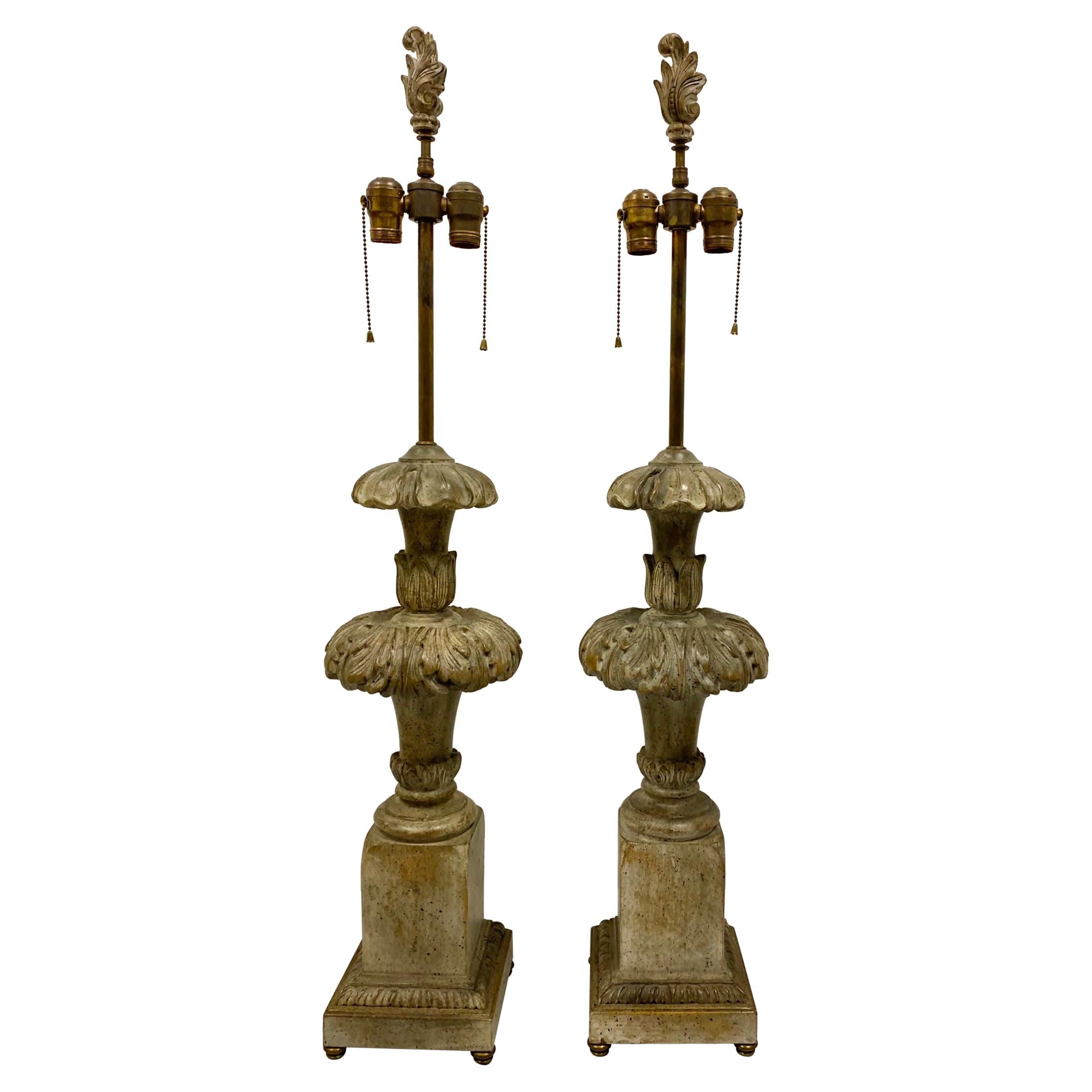 1940s Italian Regency Style Carved Wood Lamps, a Pair