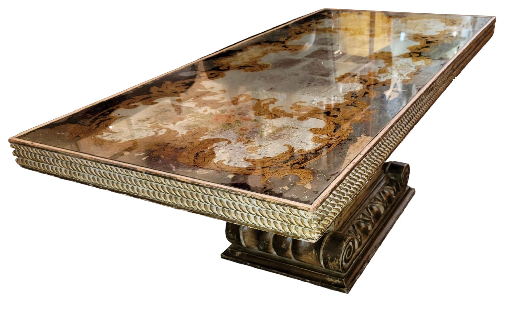 French 1940s Italian Reverse Painted Glass Gilt Wood Coffee Table For Sale