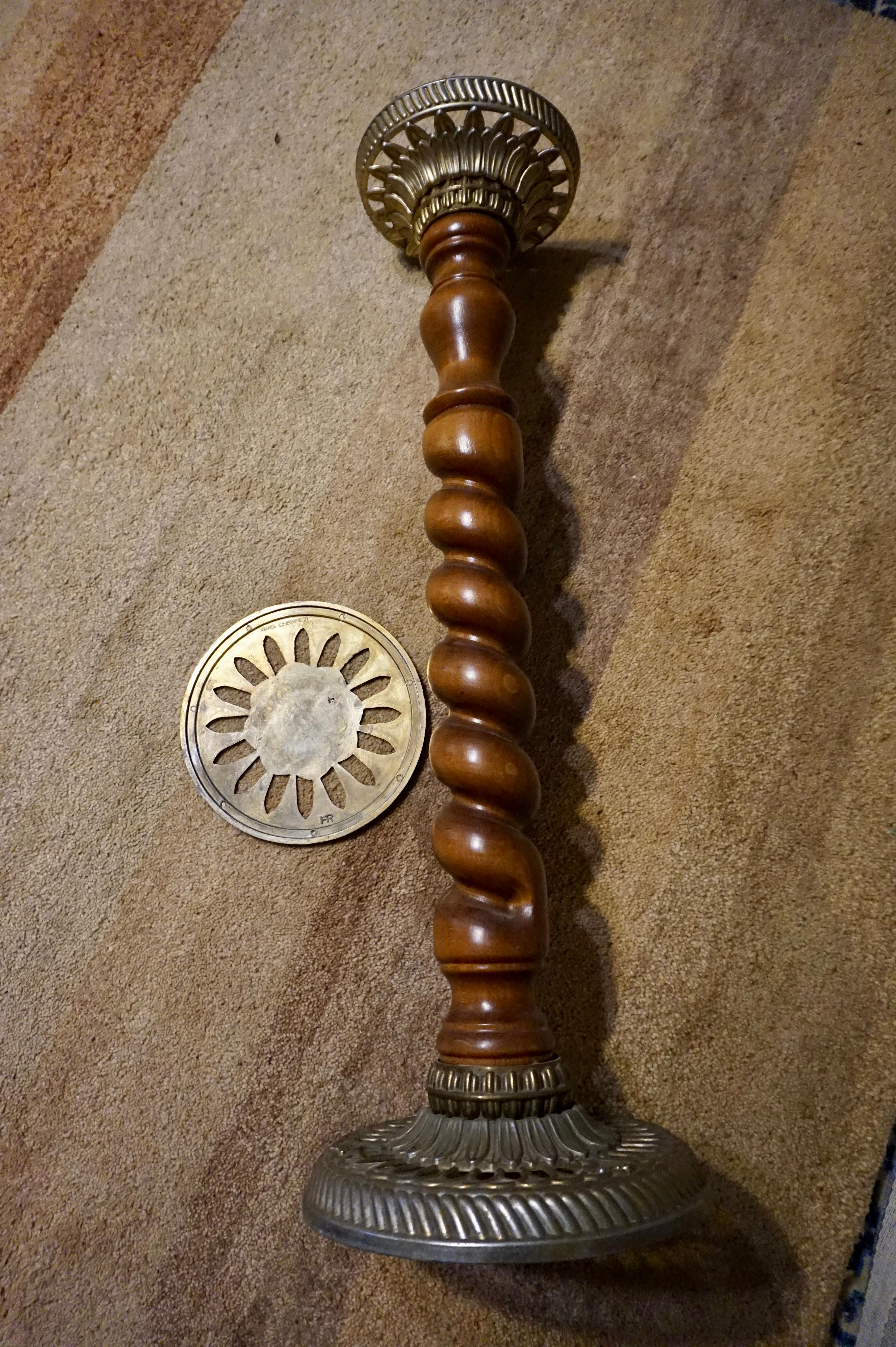 1940s Italian Revivalist Oak & Brass Plant Stand with Barley Twist Pattern 4