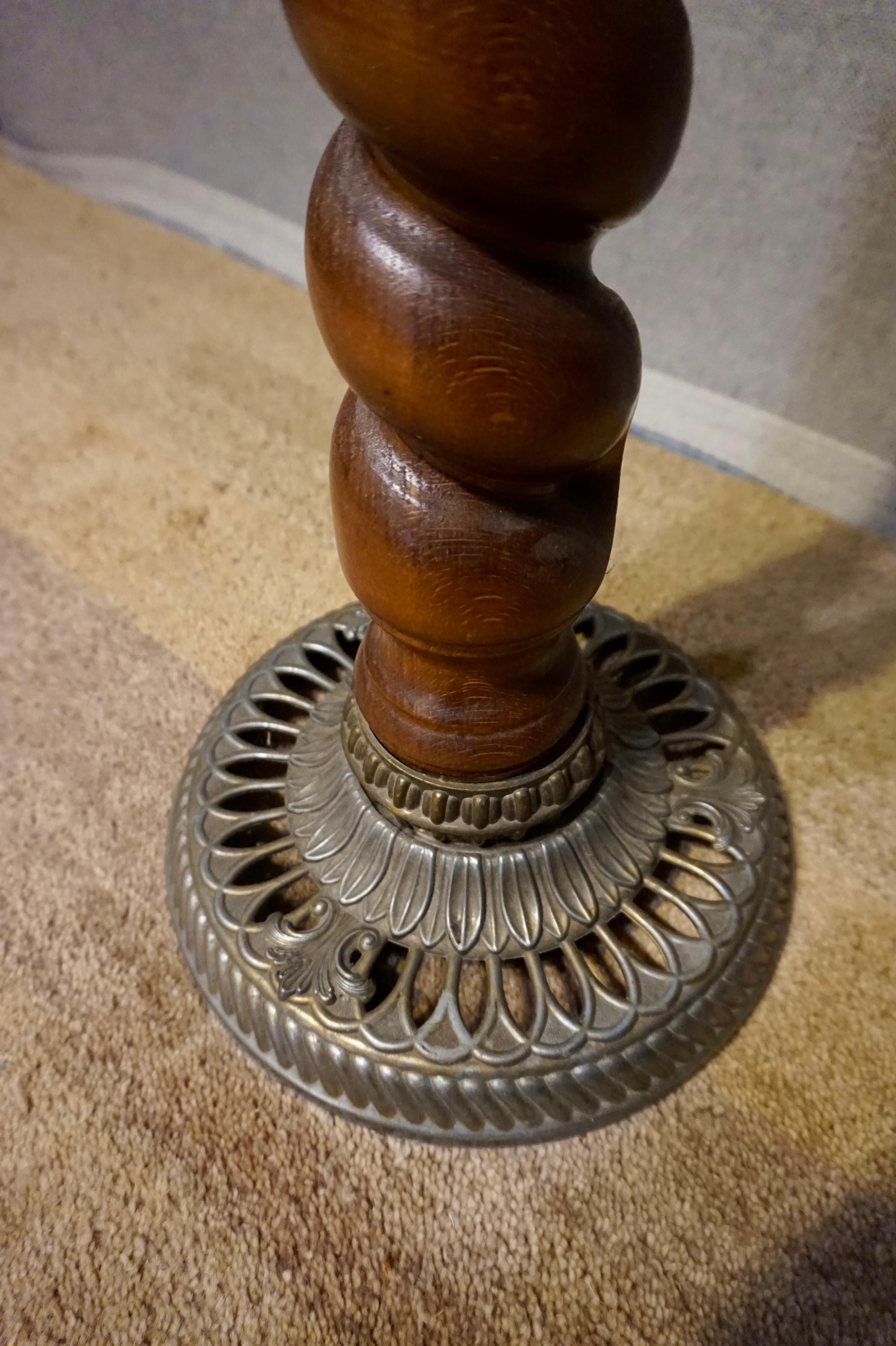 Woodwork 1940s Italian Revivalist Oak & Brass Plant Stand with Barley Twist Pattern