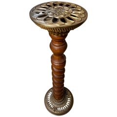 1940s Italian Revivalist Oak & Brass Plant Stand with Barley Twist Pattern